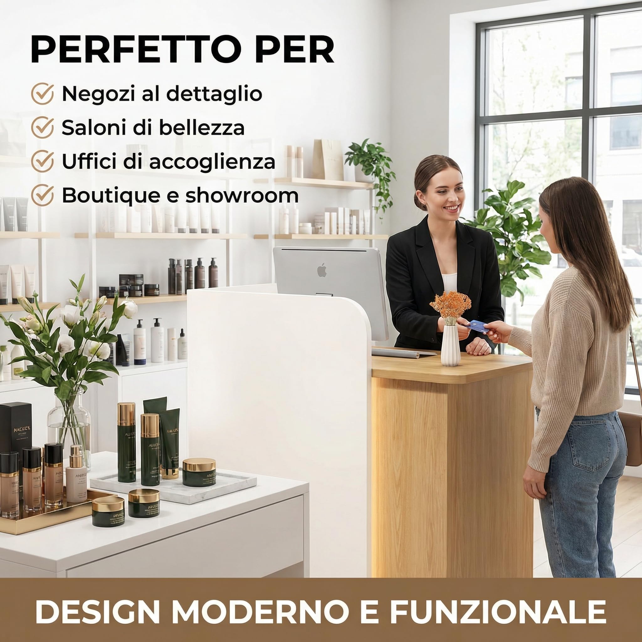 Bancone cassa piccolo e moderno Dotato di luci LED Cassetti con serratura per garantire la sicurezza degli oggetti di valore Ideale per negozi, centri estetici e parrucchieri.Color bianco 95*45*100/14