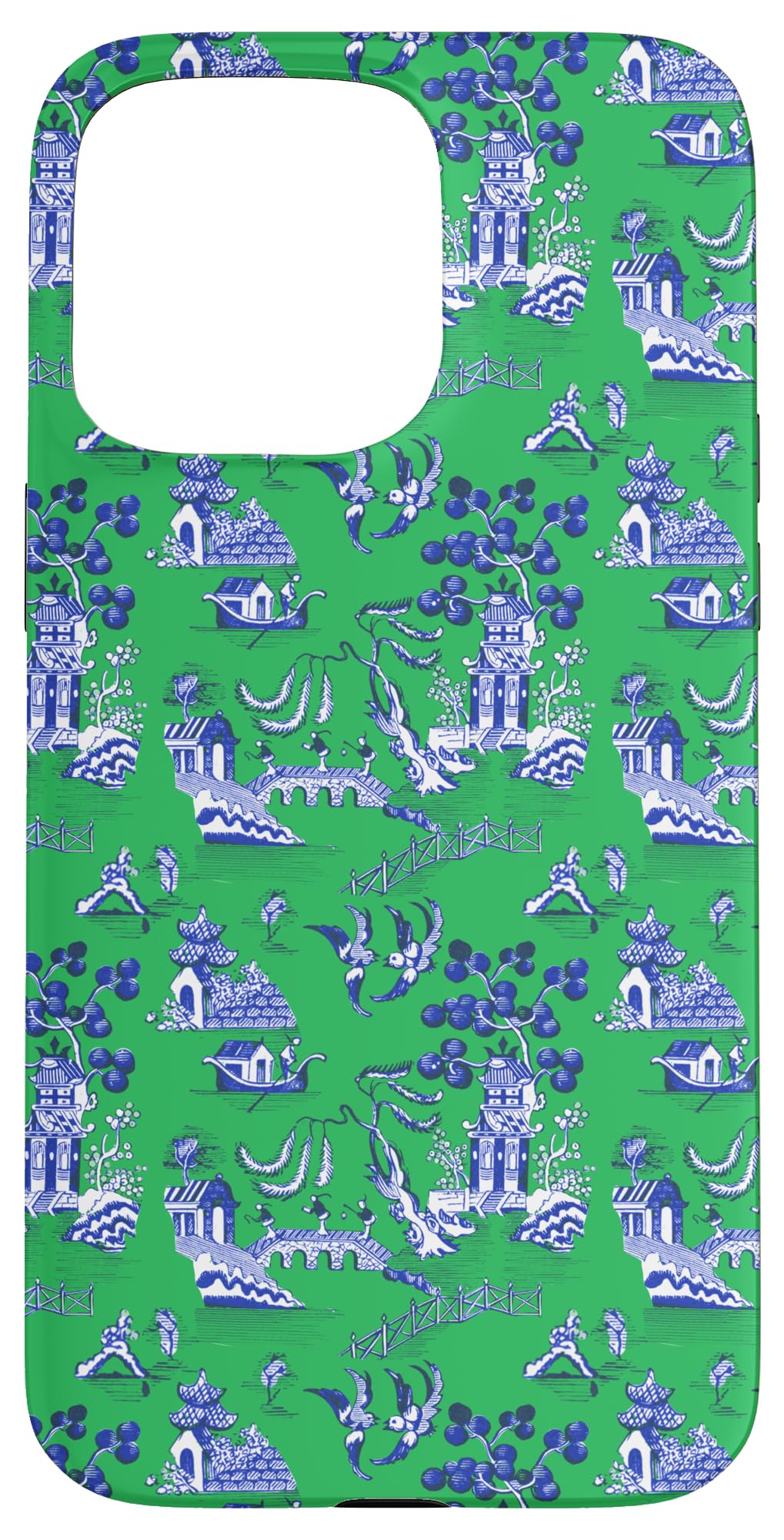 Preppy Blue and Green Willow Pattern Chinoiserie Toile Case for iPhone 15 Pro Max