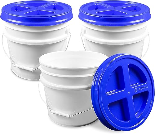 ePackageSupply Cubo blanco de 3.5 galones con tapa azul Gamma atornillada (paquete de 3), almacenamiento de grado alimenticio, plástico HPDE