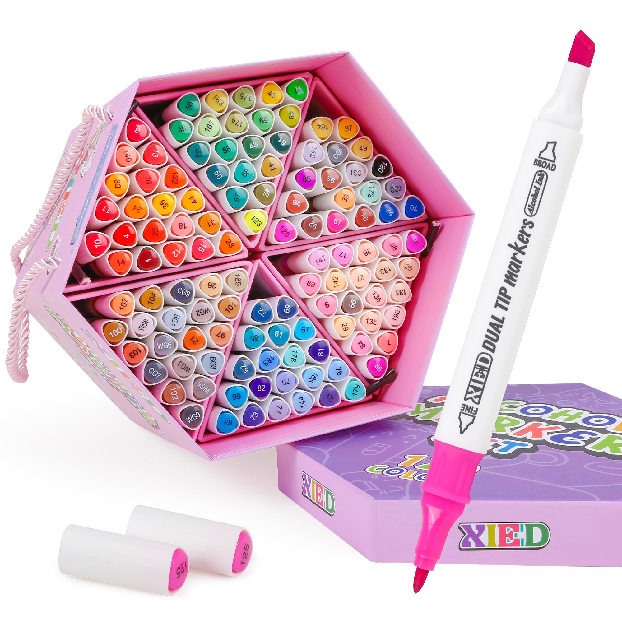 XIEED Set di 120 Pennarelli ad alcool Double Punta (Fine & broad) - Confezione Regalo a Scatola Esagonale | Per Colorazione, Pittura, Schizzi, Disegno e Evidenziazione | Adulti & Appassionati d'Arte