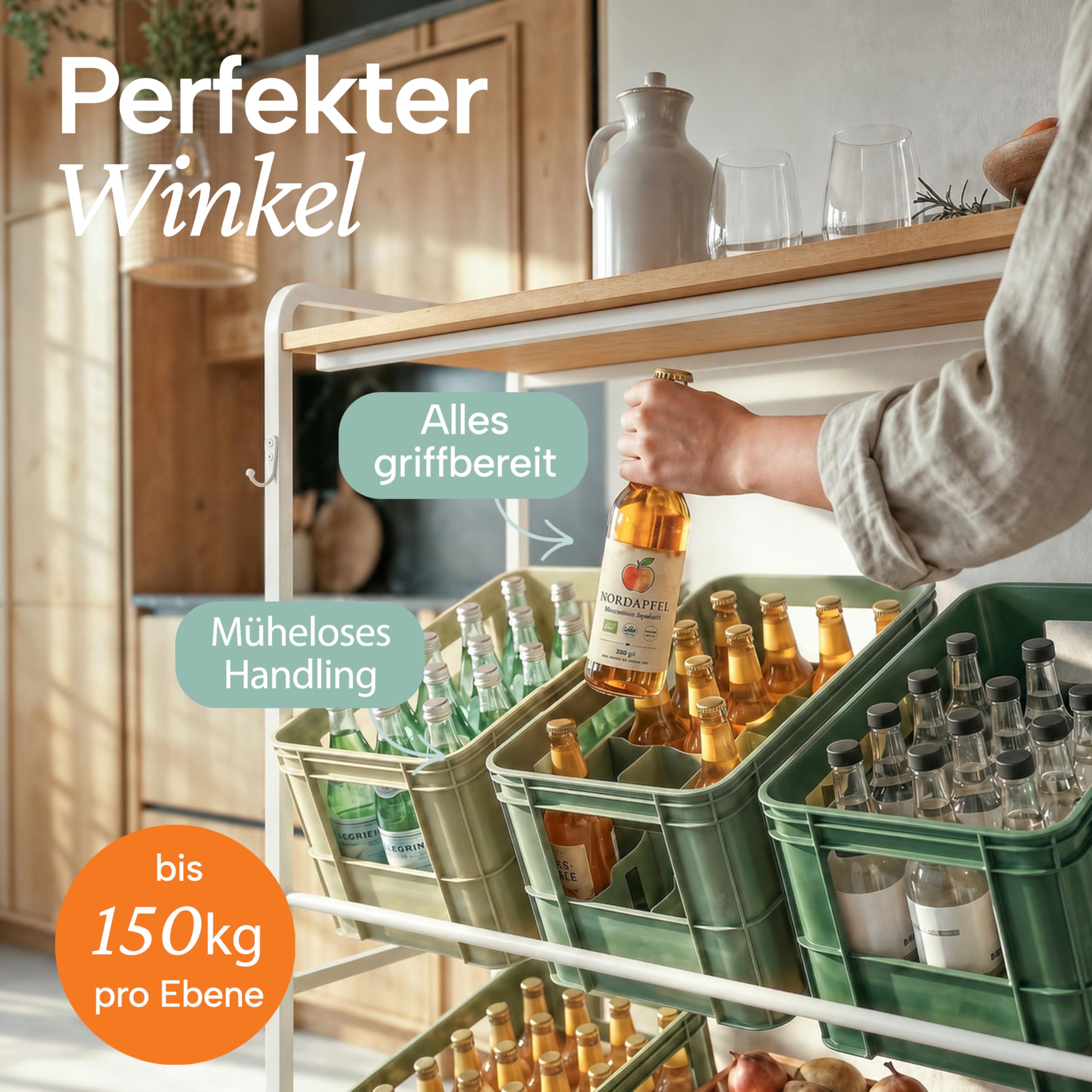 Blumtal Getränkekistenregal 6 Kisten mit Ablage Holzoptik - Kistenregal/Getränkeregal + integriertem Flaschenöffner & Haken - Getränkekistenhalter mit Belastbarkeit bis 150 kg pro Ebene in Weiß