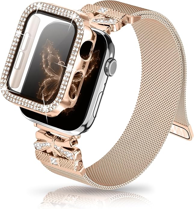 Magnetic Band for Women Compatible with Apple Watch Band 38mm 40mm 41mm 42mm 44mm 45mm 46mm Milanese Stainless Steel Loop with Bling Protective Case, Dressy Metal Strap Replacement iWatch Band