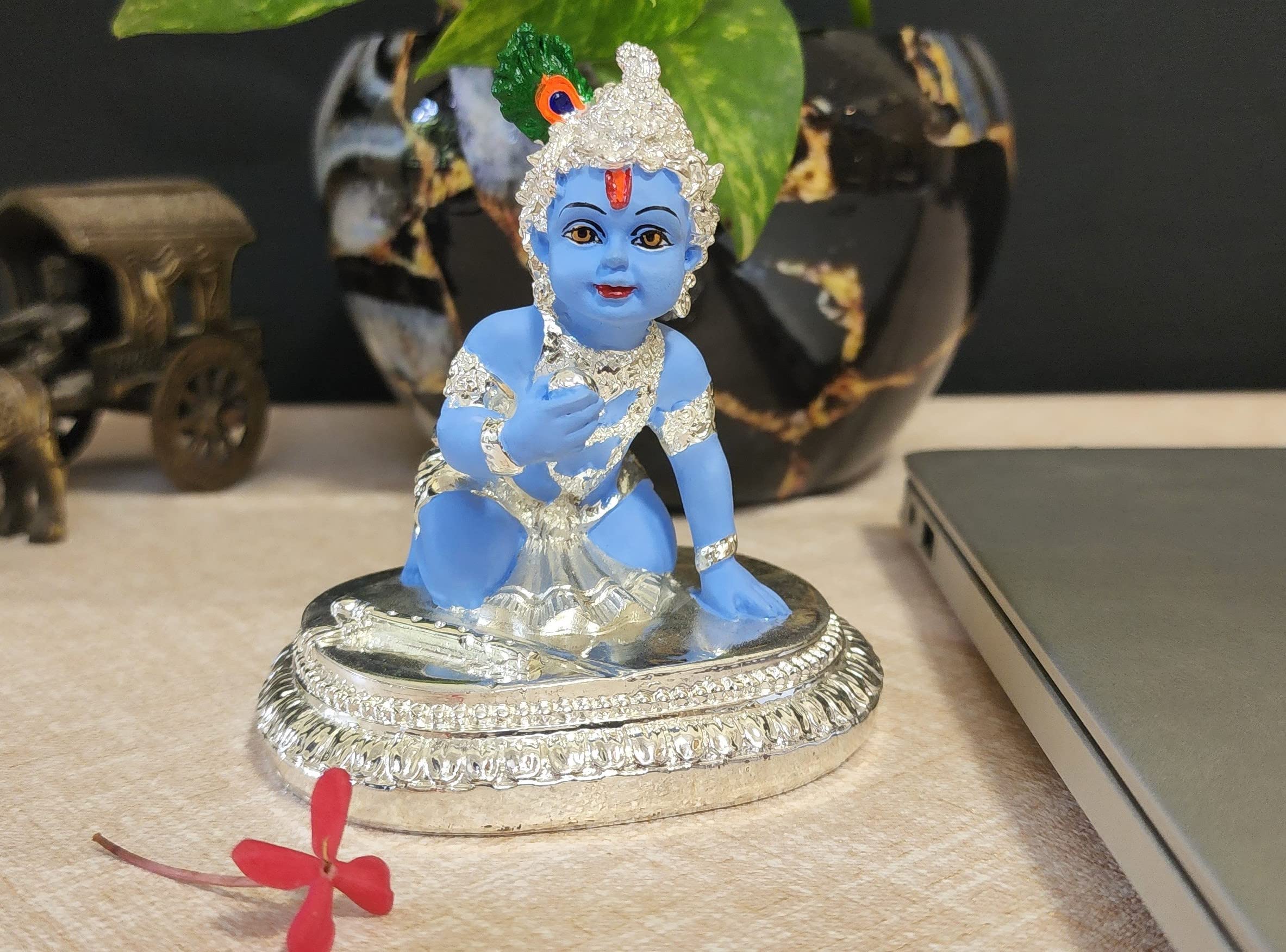 Gold Art India Ceramic Krishna Idol Standing Krishna Playing Basuri | Flute | Kanah JI Statue Hindu God Religious Idol Krishan Figurine for Pooja & Gifting for Home Decor(8x8x8cm)(Silver and Blue)