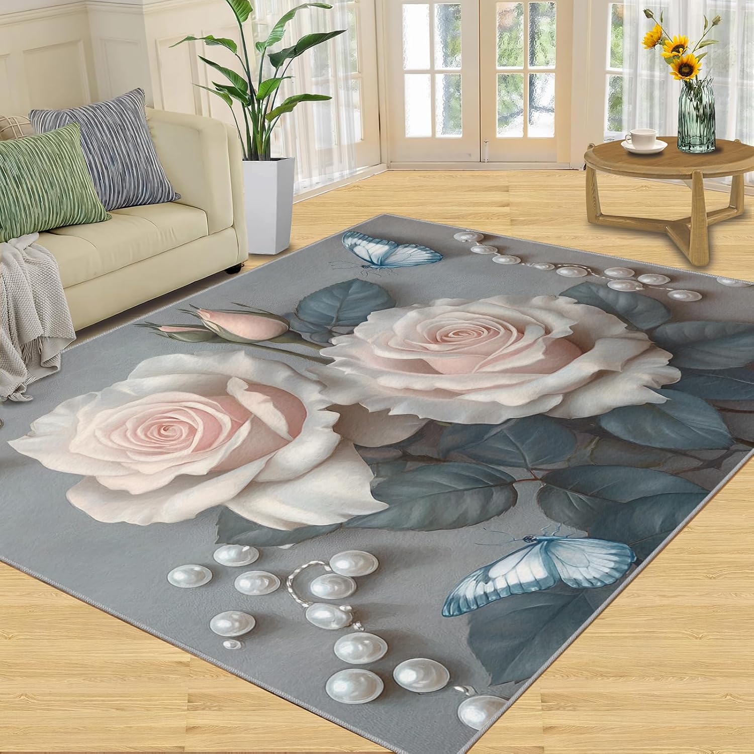 Pink Rose Area Rugs for Living Room - 3x5 Rug, Nordic Light Luxury Area Rug, Flower Washable Non Slip Rugs, Butterfly Carpet, Girls Room Carpet - Rose Home Decor & Gifts