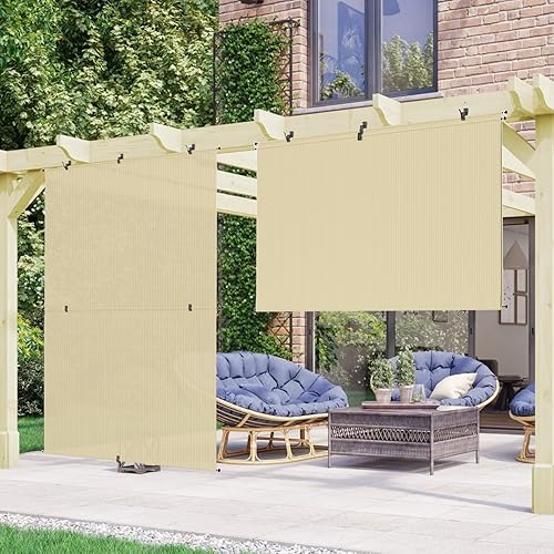 Bynbbur Persiana enrollable plegable para exteriores, 8 x 6 pies, color beige, sin cables, para patio, terraza, porche, pérgola, balcón, patio