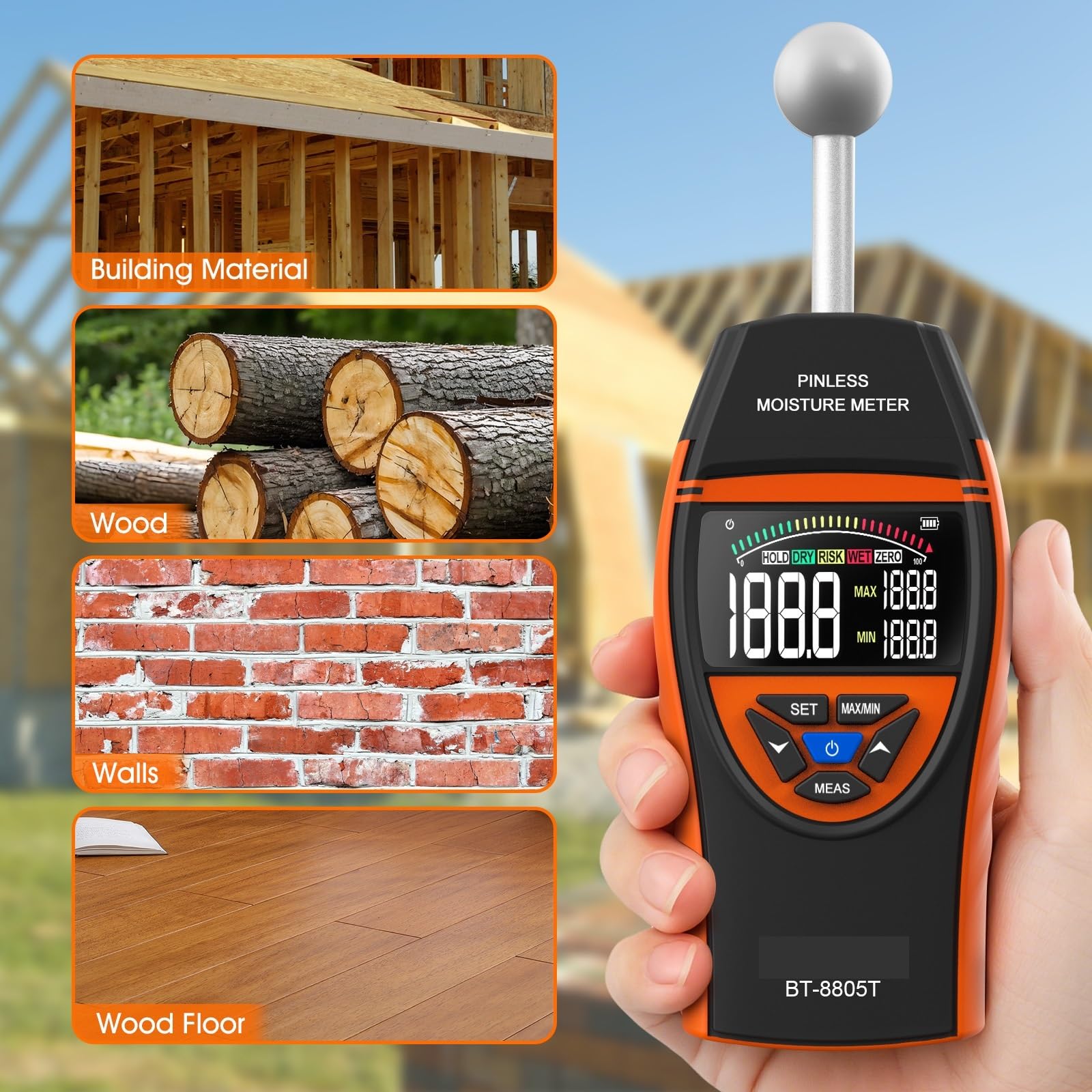 Feuchtigkeitsmesser, Berührungsloser Holzdetektor, Digitaler LCD-Bildschirm, Hygrometer, Alarmtester, Stiftlos