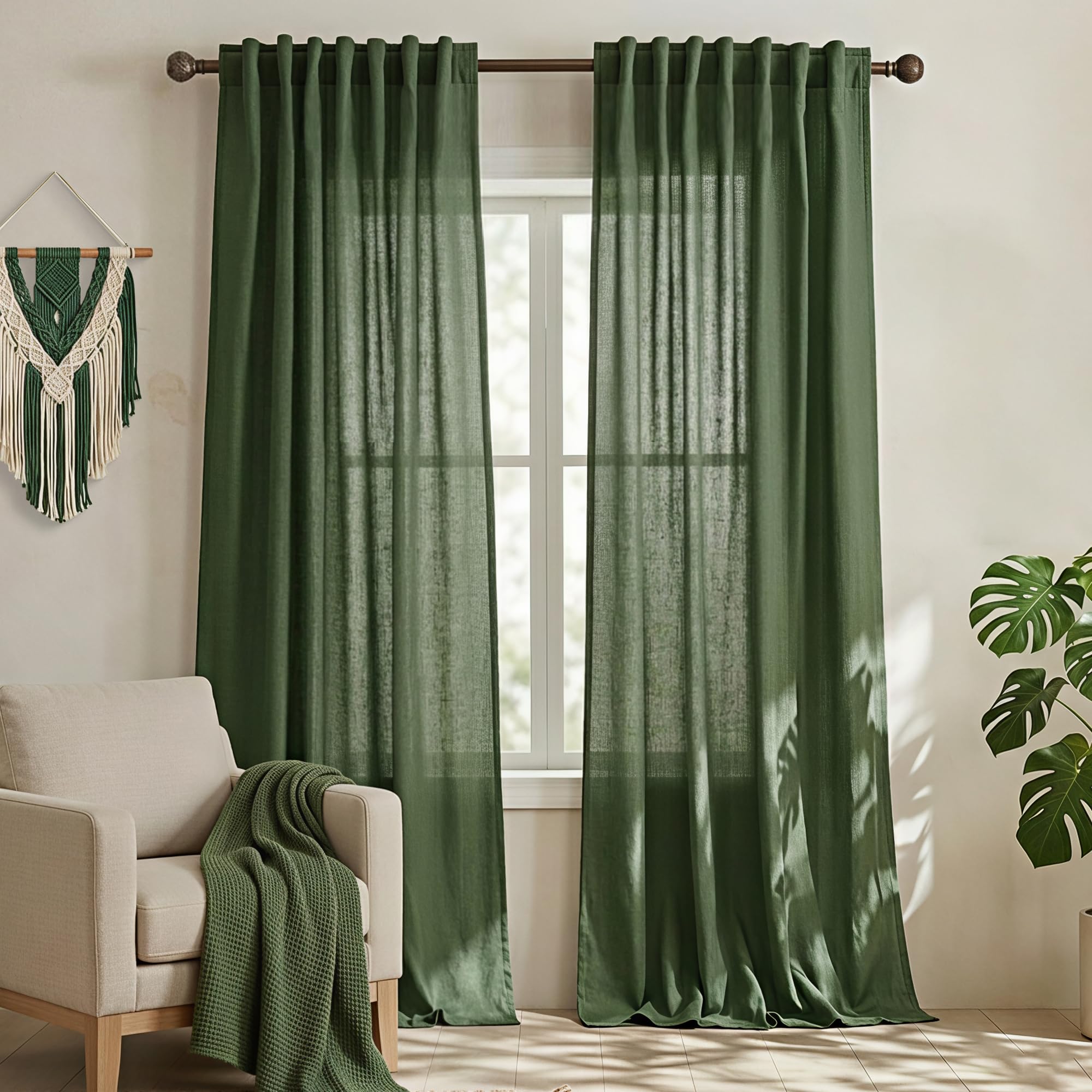 Mrs.Naturall Olive Green Linen Curtains 108 Inch Length for Living Room 2 Panels Set Back Tab Pocket Light Filtering Sheer Boho Curtain Drapes for Bedroom 52x108 Long — image 1