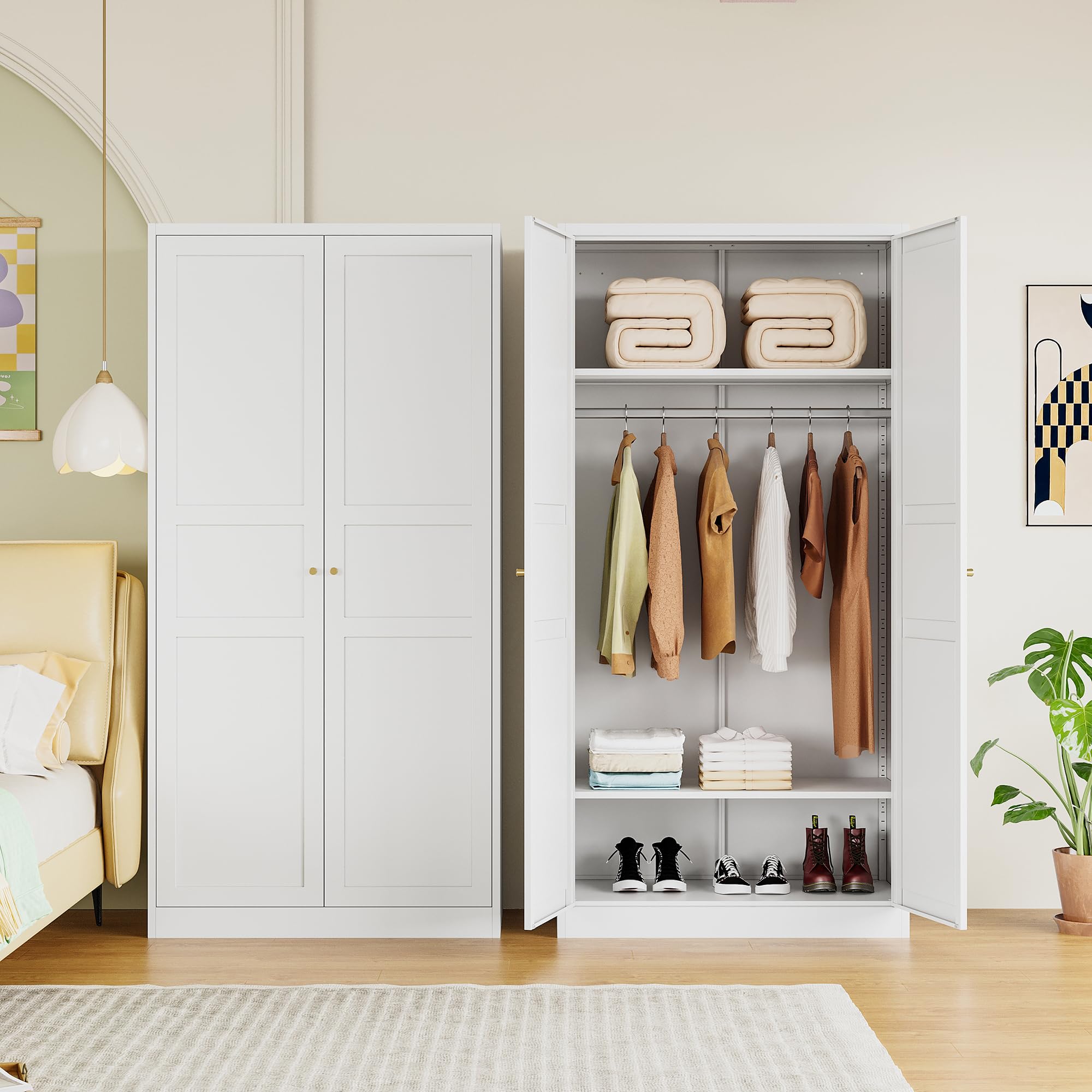 Metal Wardrobe Closet with Doors, 72" Tall Almirah for Clothes with Hanging Rod and Adjustable Shelve, Armoire for Home, School, Employee, Gym (White,