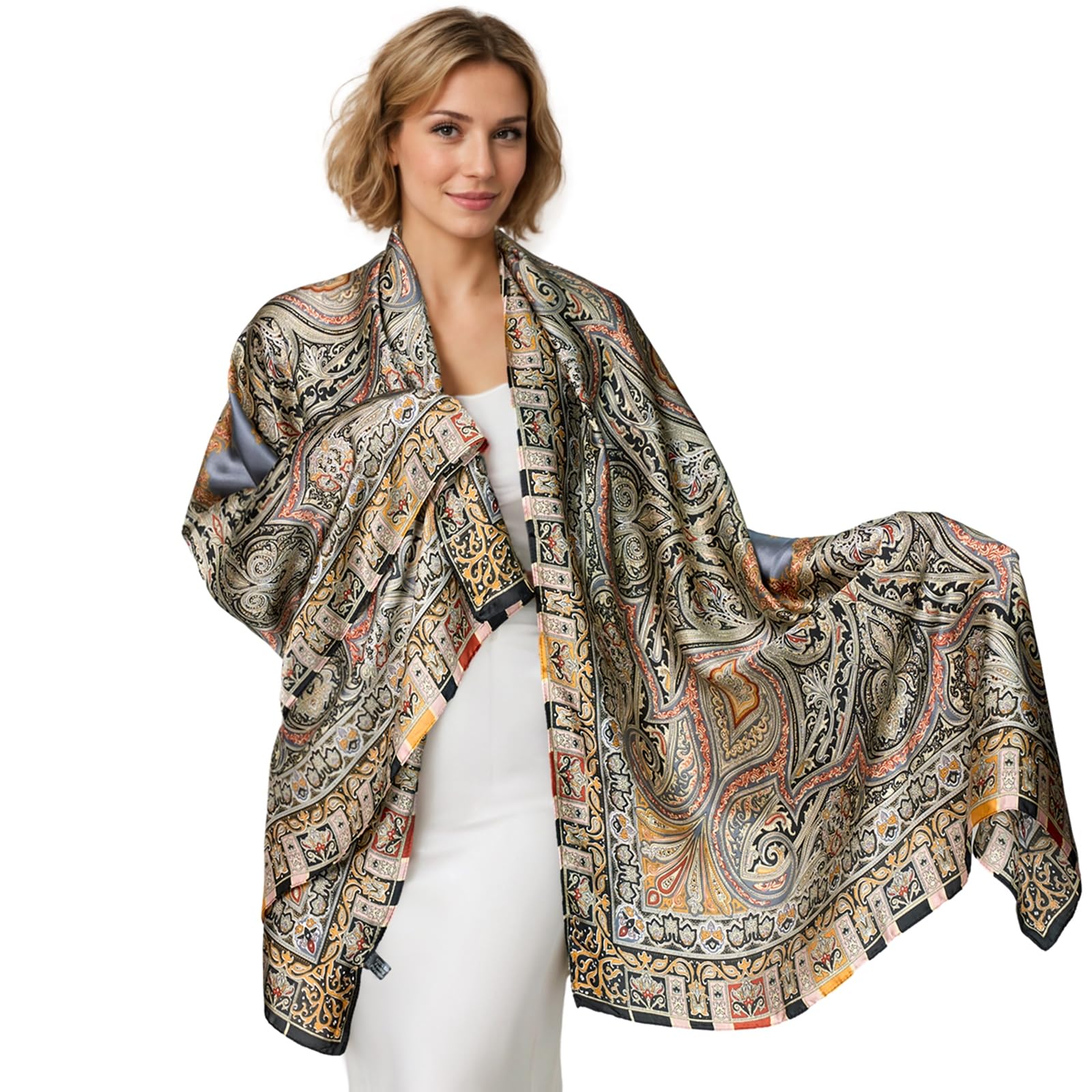 WaJuemy Women's Satin Polyester Scarf Shawl, Silver Bloom Floral, 70x32 in, Plus Size, Model WJ2406