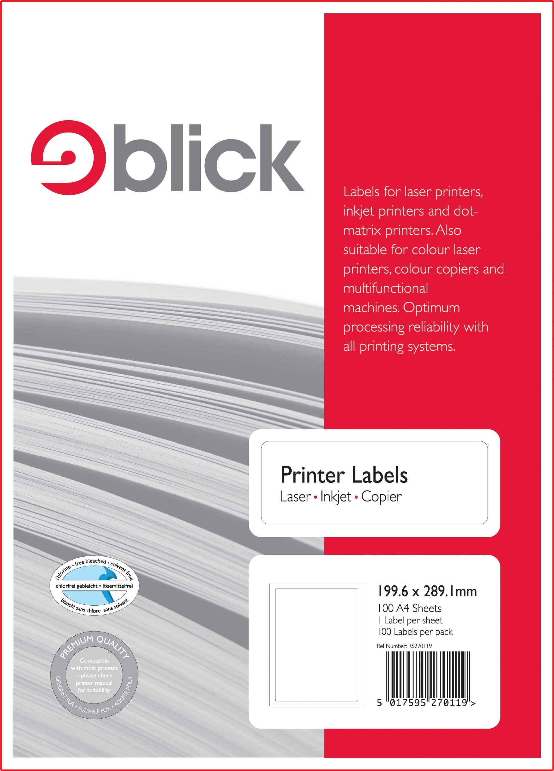 Blick Labels, White, 1 Per Sheet 100 Sheets, Rectangular, 199.6 x 289.1mm, 100 Labels, For Home, Office, Family, School