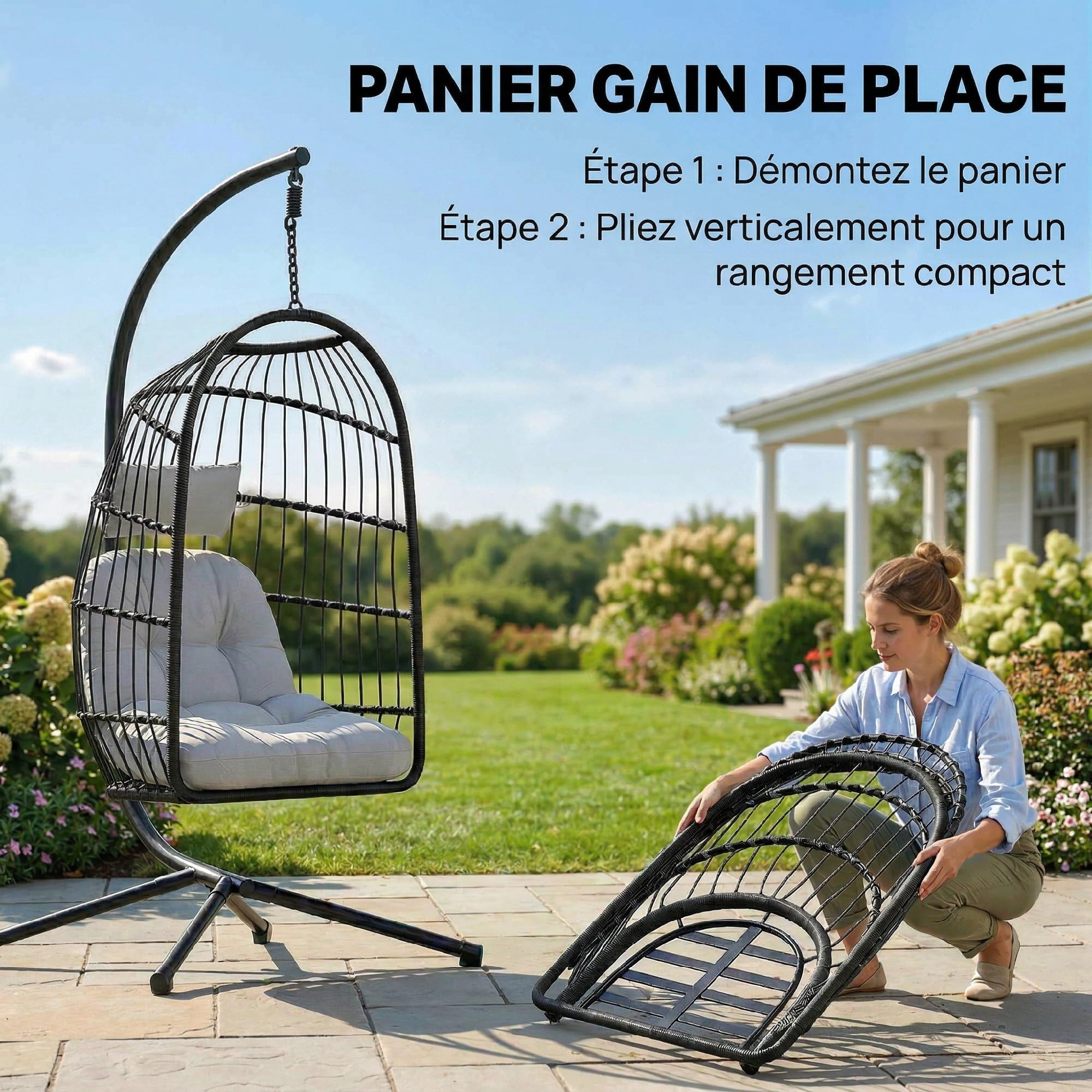 Outsunny Fauteuil Œuf Suspendu Pliable avec Support - Balançoire de Jardin avec Coussin 15cm et Appui-tête - Chaise Suspendue Intérieure et Extérieure, Nacelle Pliable Gain de Place, Noir et Gris