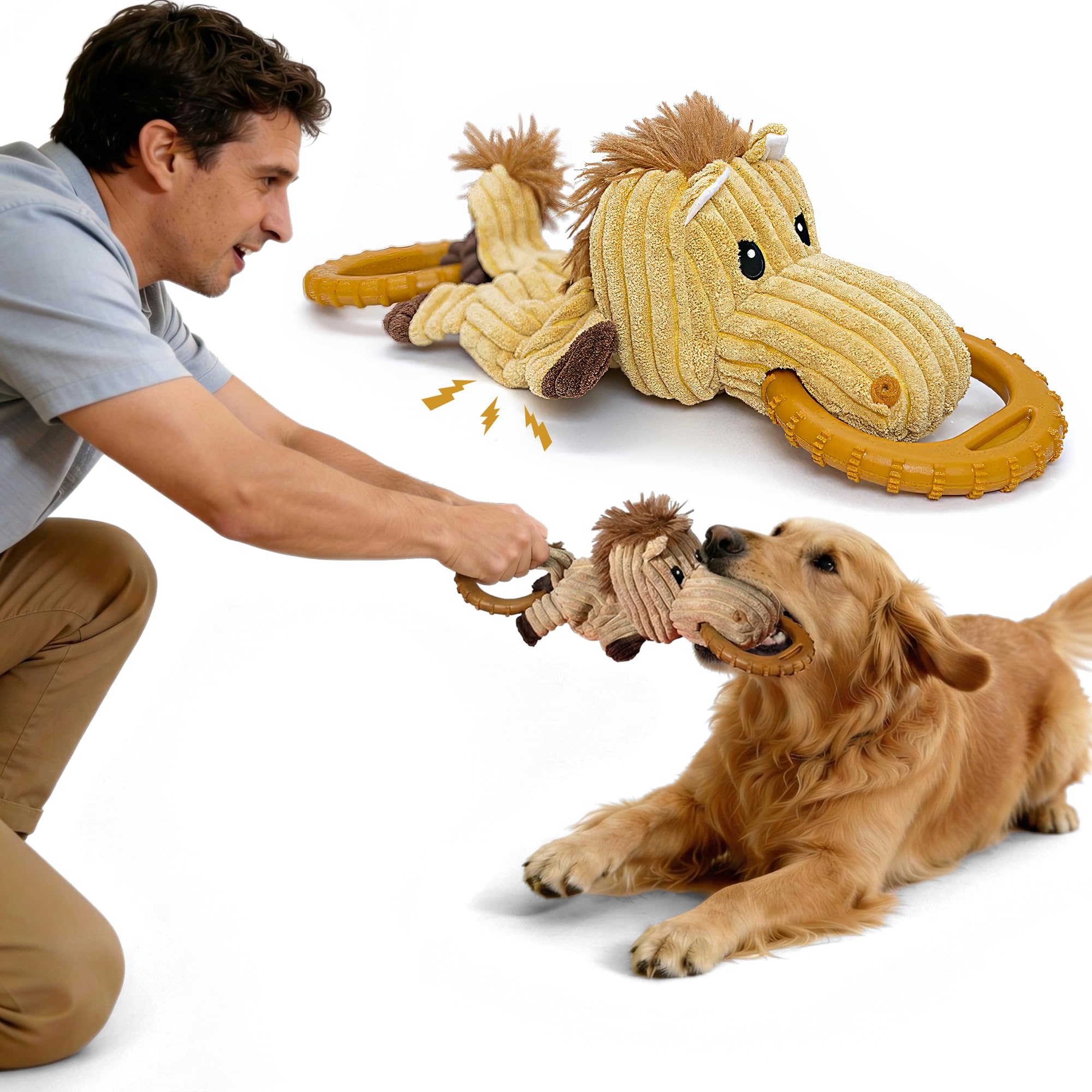 Kordsamt Kauspielzeug für Hunde mit Quietscher und interaktivem Gummiring für kleine, mittelgroße und große Rassen, ideal zum Tauziehen und Apportieren (Medium, Nashorn)