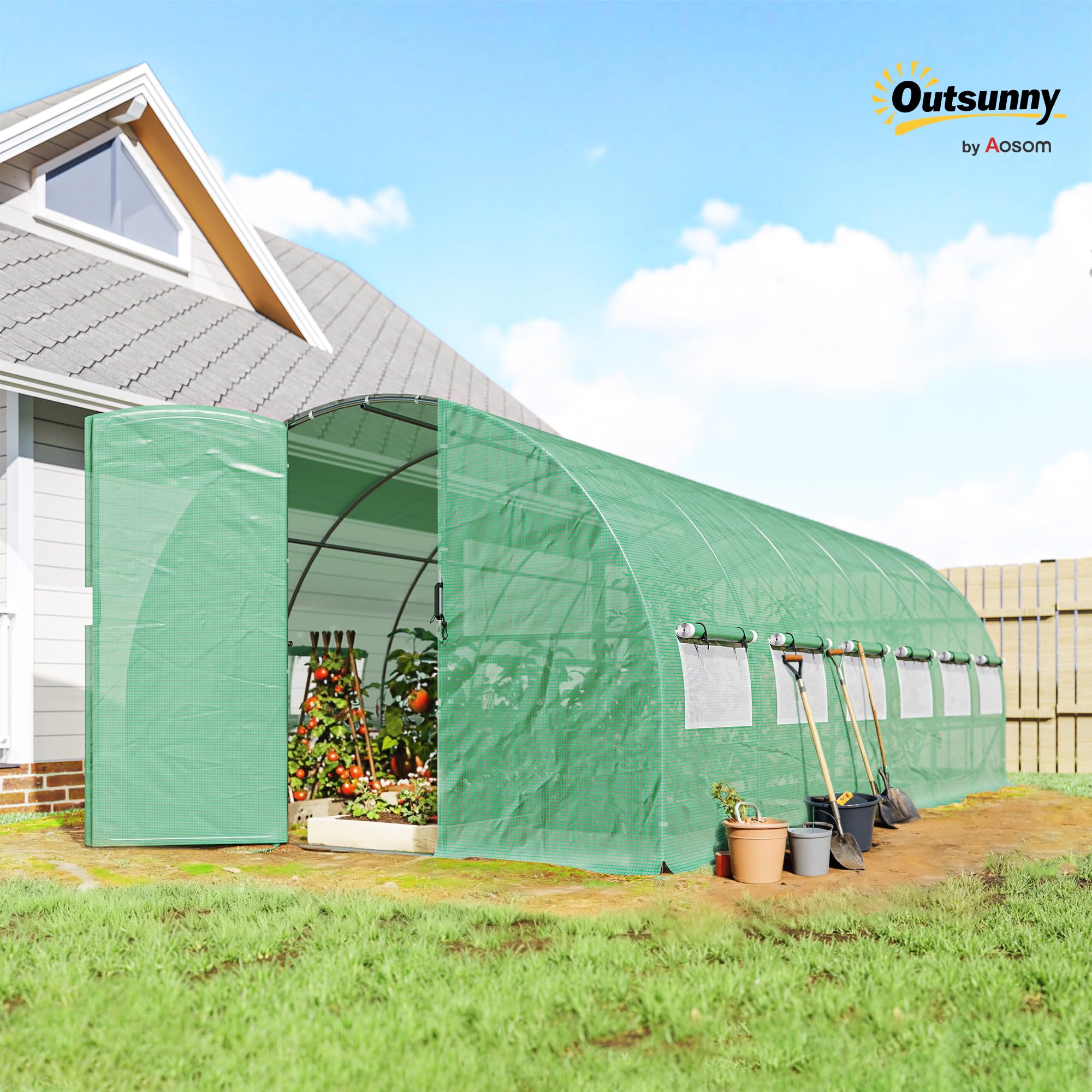 Outsunny Tunnel Serra da Giardino 18 m² 295x597x200 cm 2 Porte Verde | 12 finestre con zanzariera, telo in PE ad alta densità 140 g/m², bordo 20 cm, per uso esterno