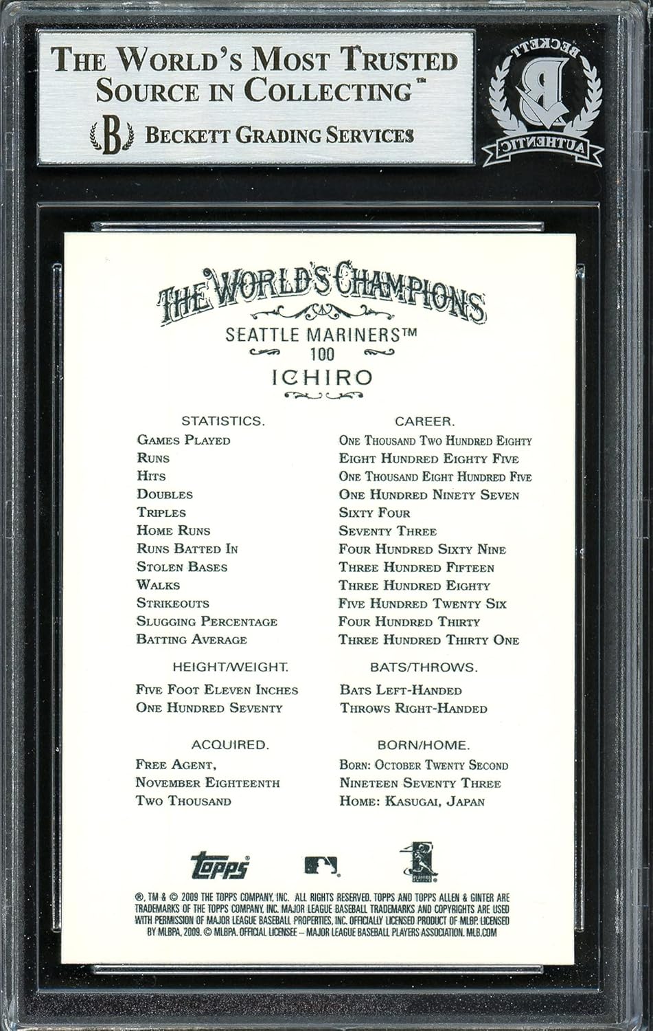 Ichiro Suzuki Autographed 2009 Topps Allen & Ginter Baseball Card #100 S.e.a.t.t.l.e Mariners Beckett BAS Stock #191312
