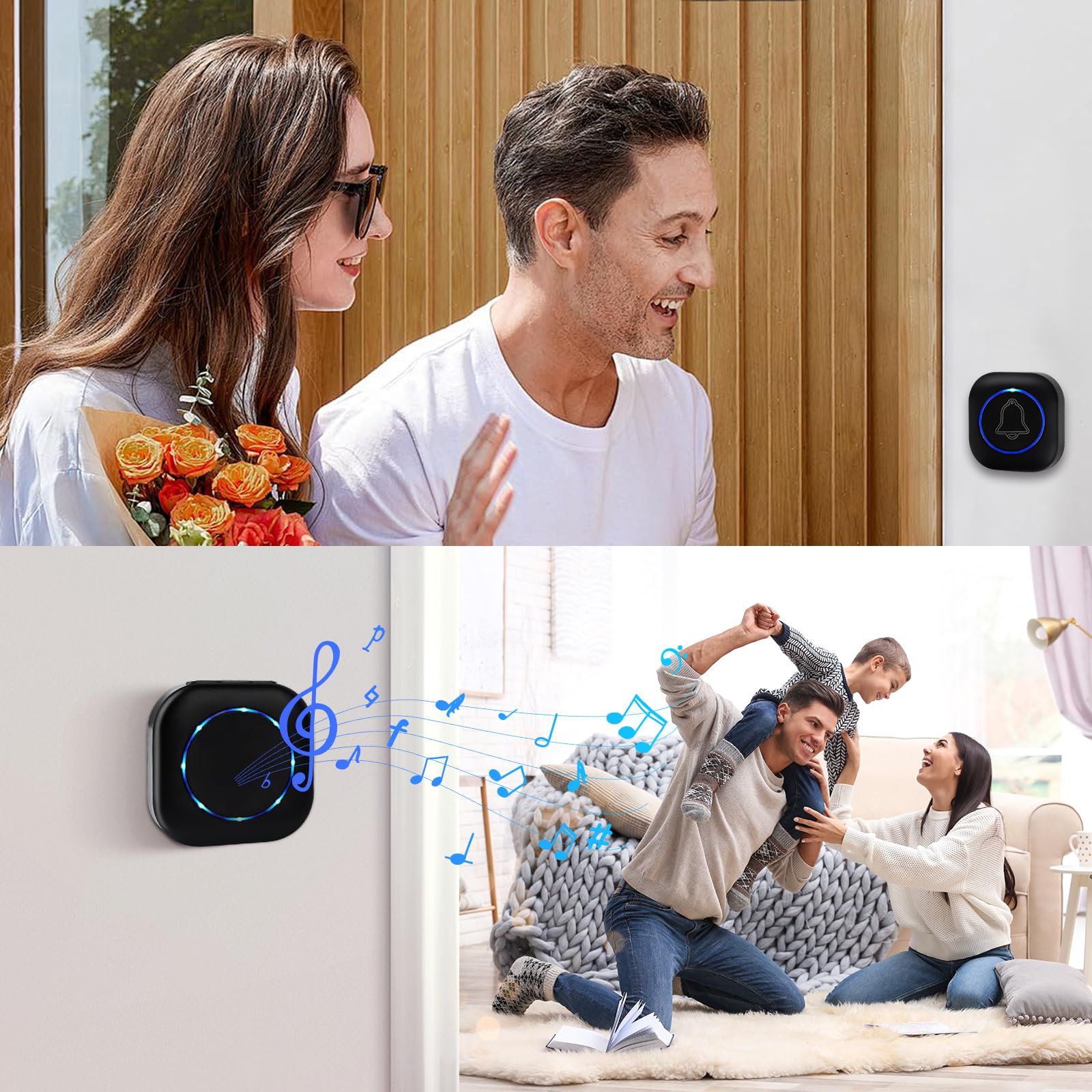 Sonnette Sans Fil Exterieur,200m Carillon Sans Fil Avec Pile,Doorbell 3 RéCepteur,38 MéLodies Et 4 Niveaux,Ring Doorbell,Carillon Sans Fil Pour Maison, HôTel, Urgence, Noir
