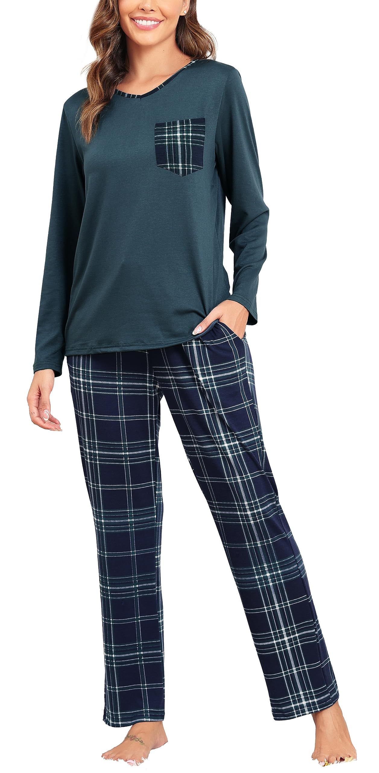 Lovasy Pigiama Donna Manica Lunga Pantaloni Lunghi Casual Scollo a V Top con Motivo a Pois Carino con Tasca Due Pezzi