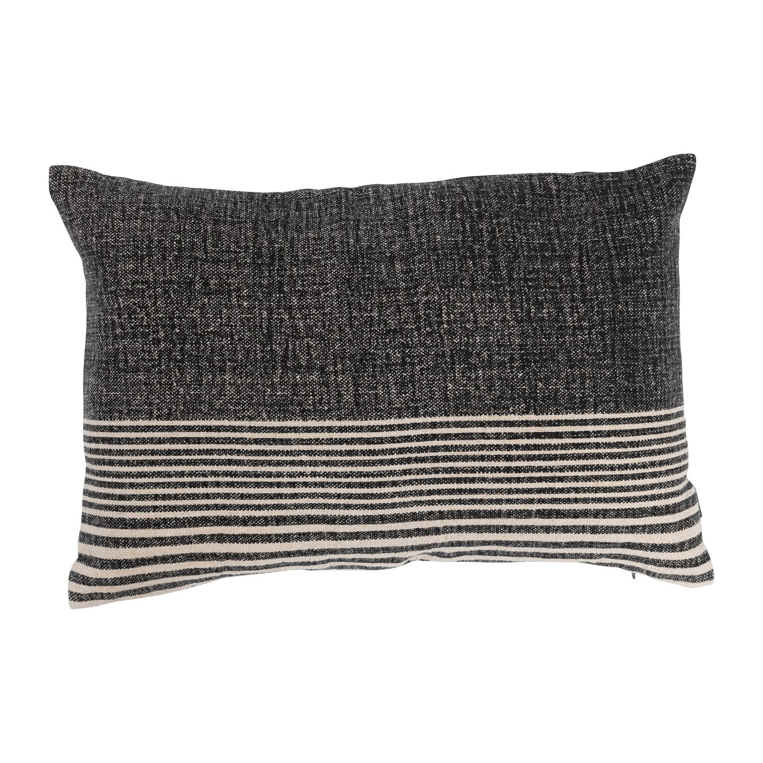 Creative Co-Op Cotton Blend Slub Lumbar Stripes and Leather Tab Pillow, 20" L x 14" W x 2" H, Black