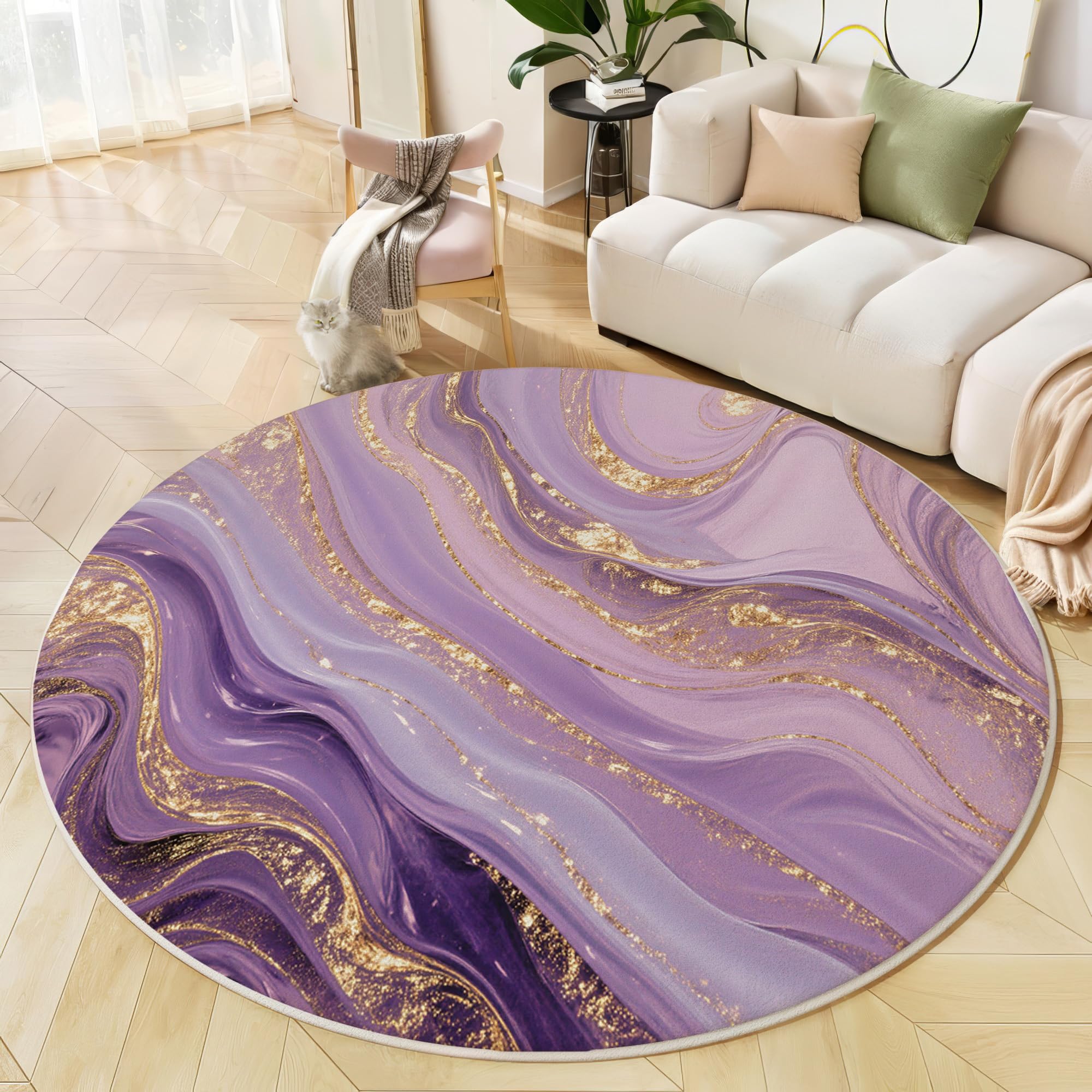 Tapis rond fluide violet 100cm antidérapant et lavable en machine pour salon et chambre