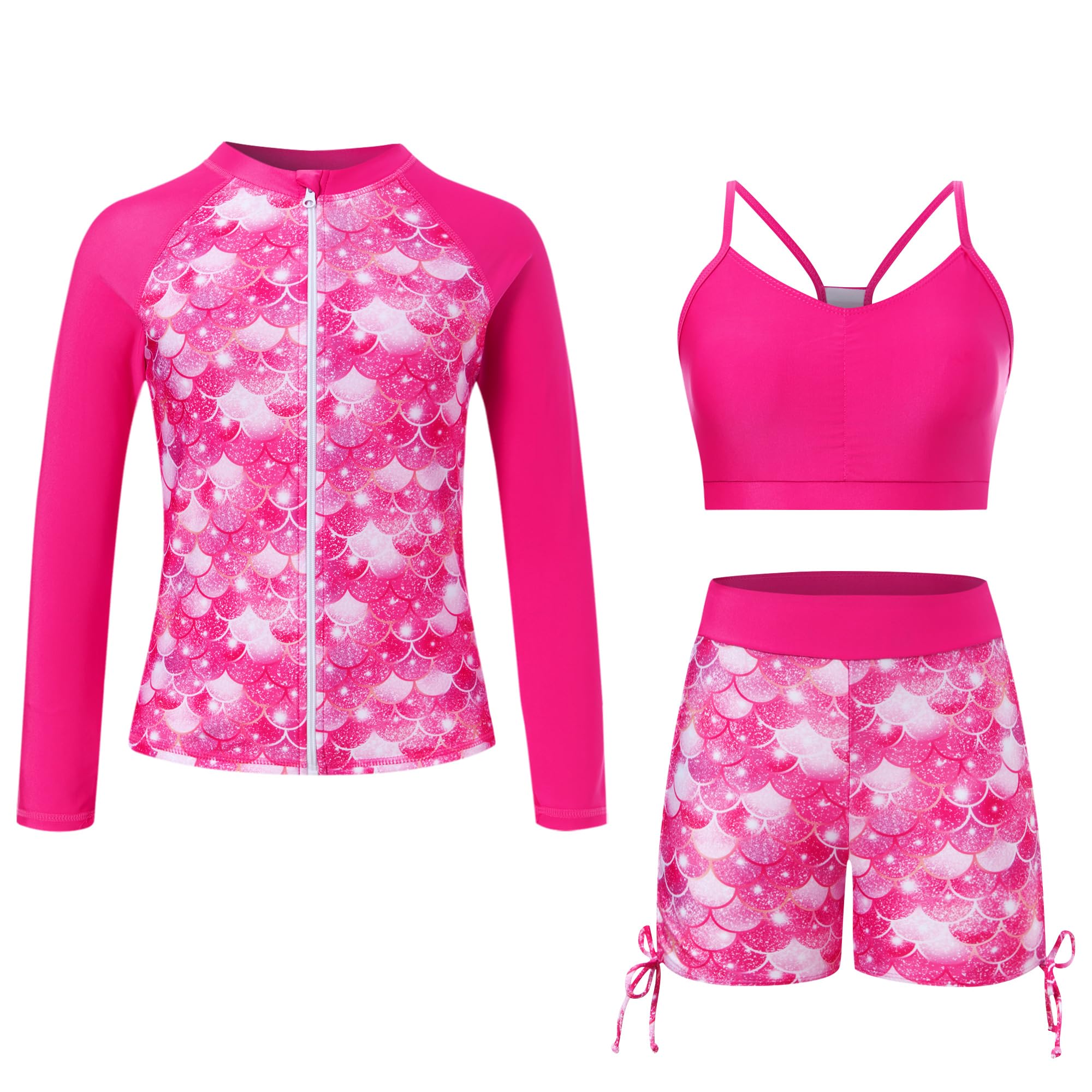 Funnycokid Traje de baño de 3 piezas con cremallera para niñas, conjunto de bikini, traje de baño de verano para niños de 3 a 12 años
