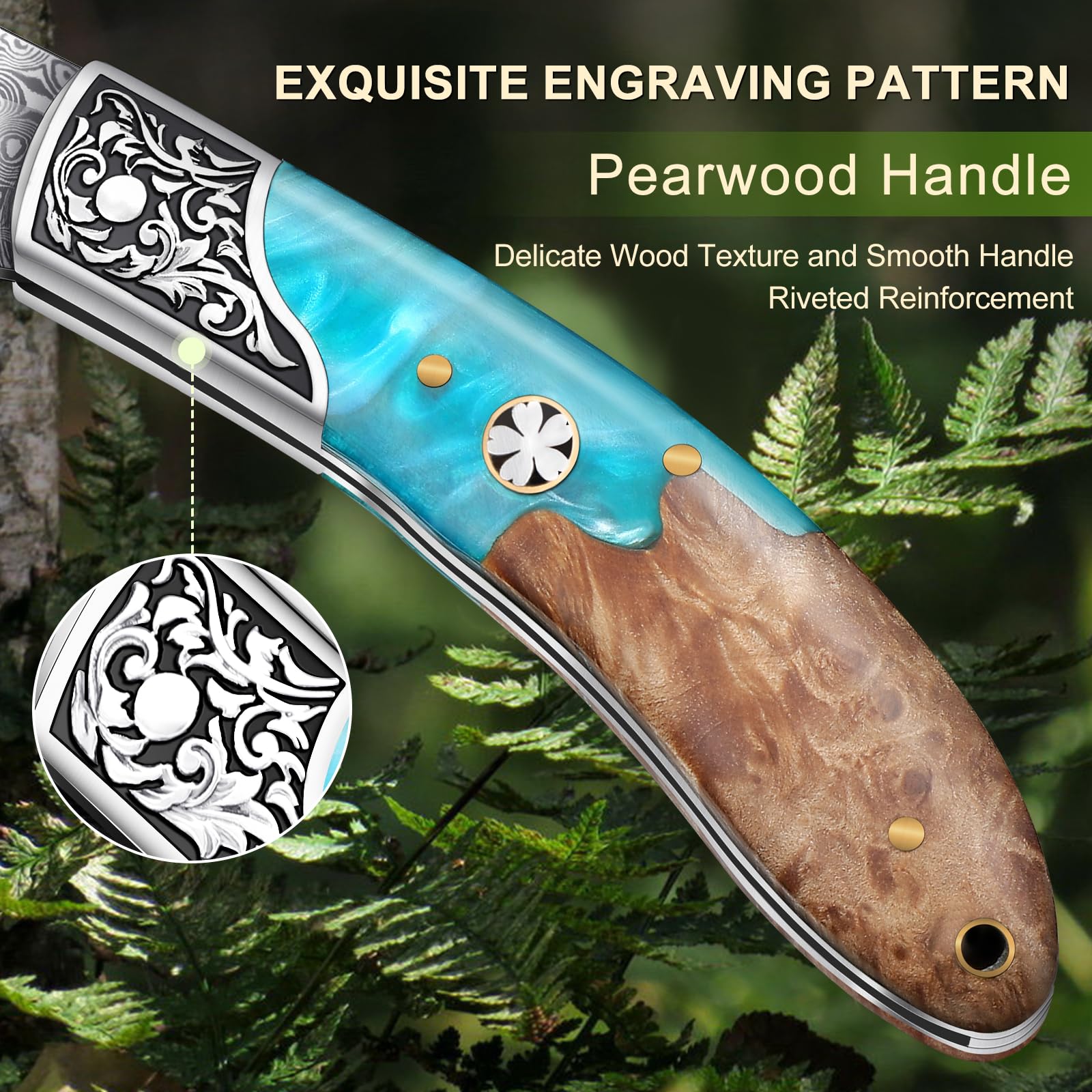 Freelander Coltello tascabile pieghevole in acciaio 5CR15, manico in legno di pera, per esterni, sopravvivenza e pesca con fondina