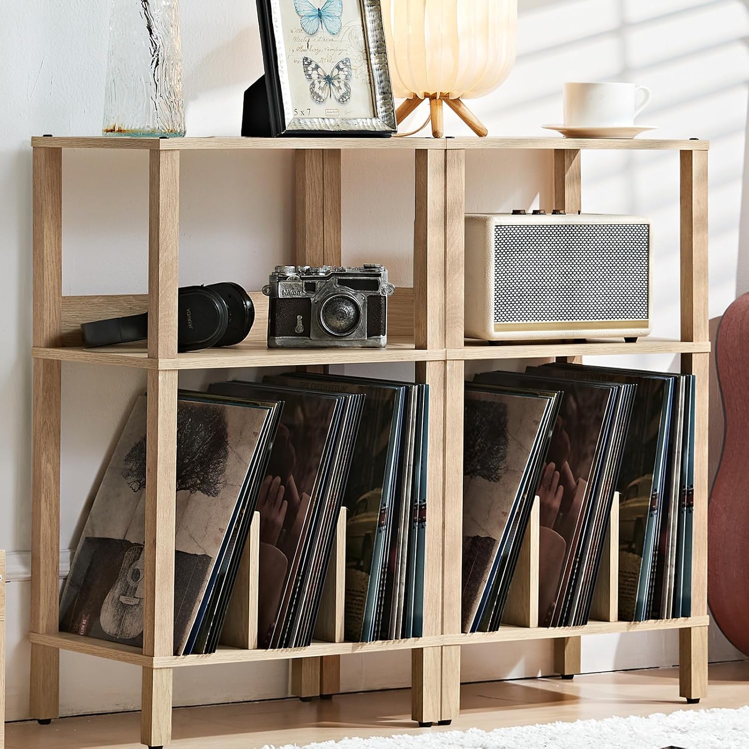 LELELINKY Record Player Stand Set of 2,3 Tier End Table with Vinyl Storage Up to 100 Albums,Vinyl Holder for Records,Natural Multi-Functional Turntable Stand Display Shelf for Living Room