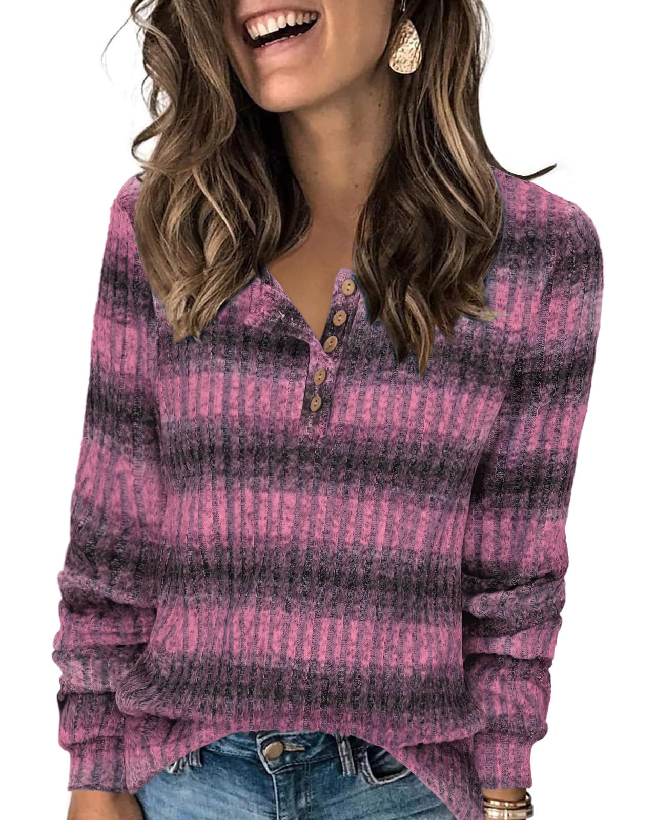 Tanmolo Damen Leichte Strickpullover Langarm Henley Shirt Herbst lässig Rundhals-Knöpfe Elegant Sweatshirt Tunika Tops