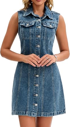 Women Denim Dress 2026 Sleeveless Collared Western Button Down Short Jean Dresses