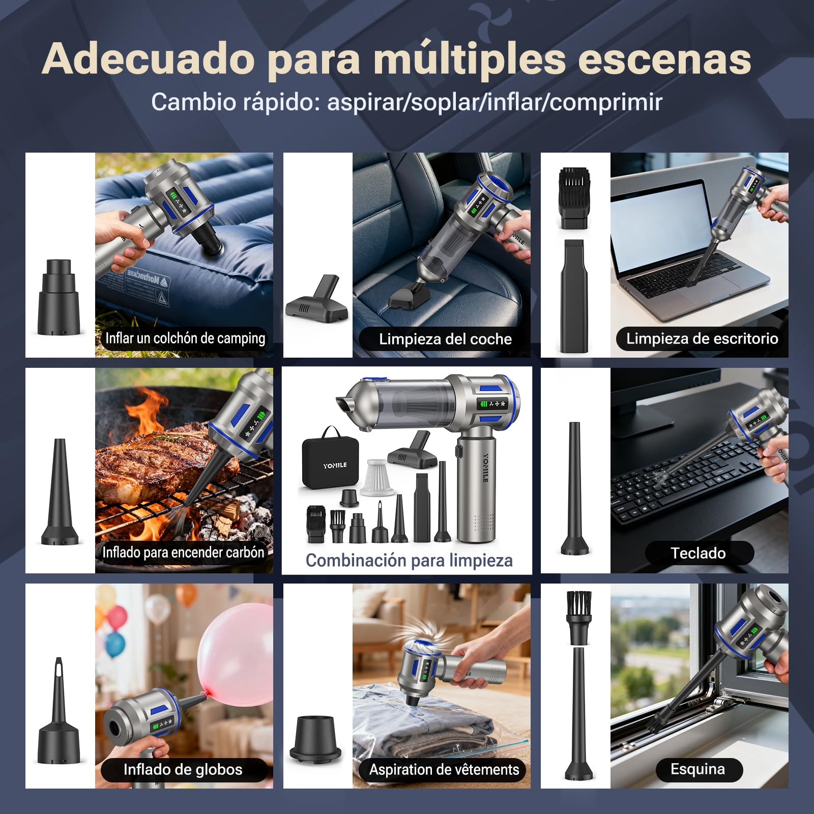 Yomile Aspirador de Mano, 27000Pa/120W, Aspiradora sin Cable Coche 4 en 1, Aspiradoras de Mano con Motor sin Escobillas de 250.000 RPM, para Coche/para Uso en la Oficina/la Cocina