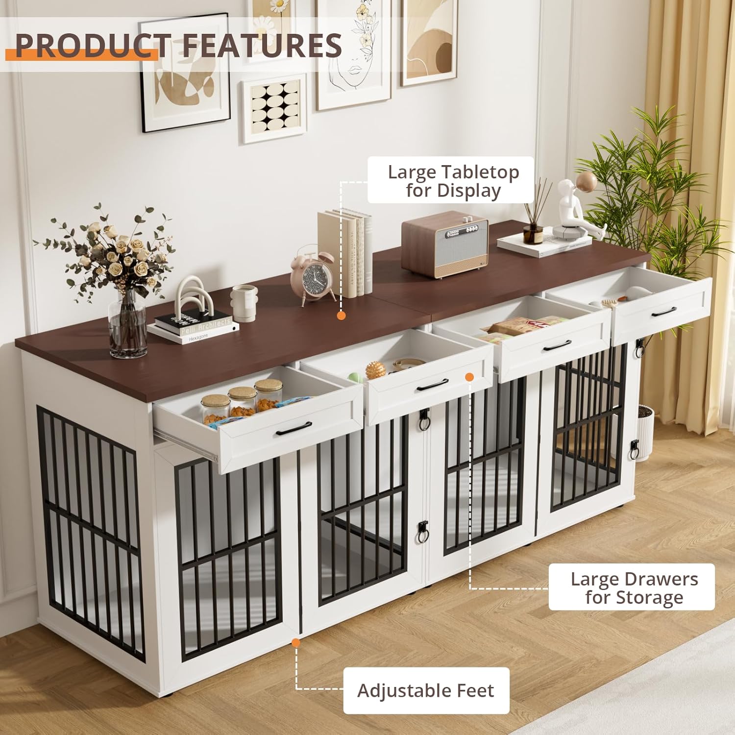 VOWNER 86.7 in Dog Crate Furniture for 2 Dogs, Extra Large Double Dog Cage Furniture TV Stand with Removable Divider, Wooden Dog Kennel Indoor, XXL Thick Dog Crate for Large Medium Dogs, White/Brown