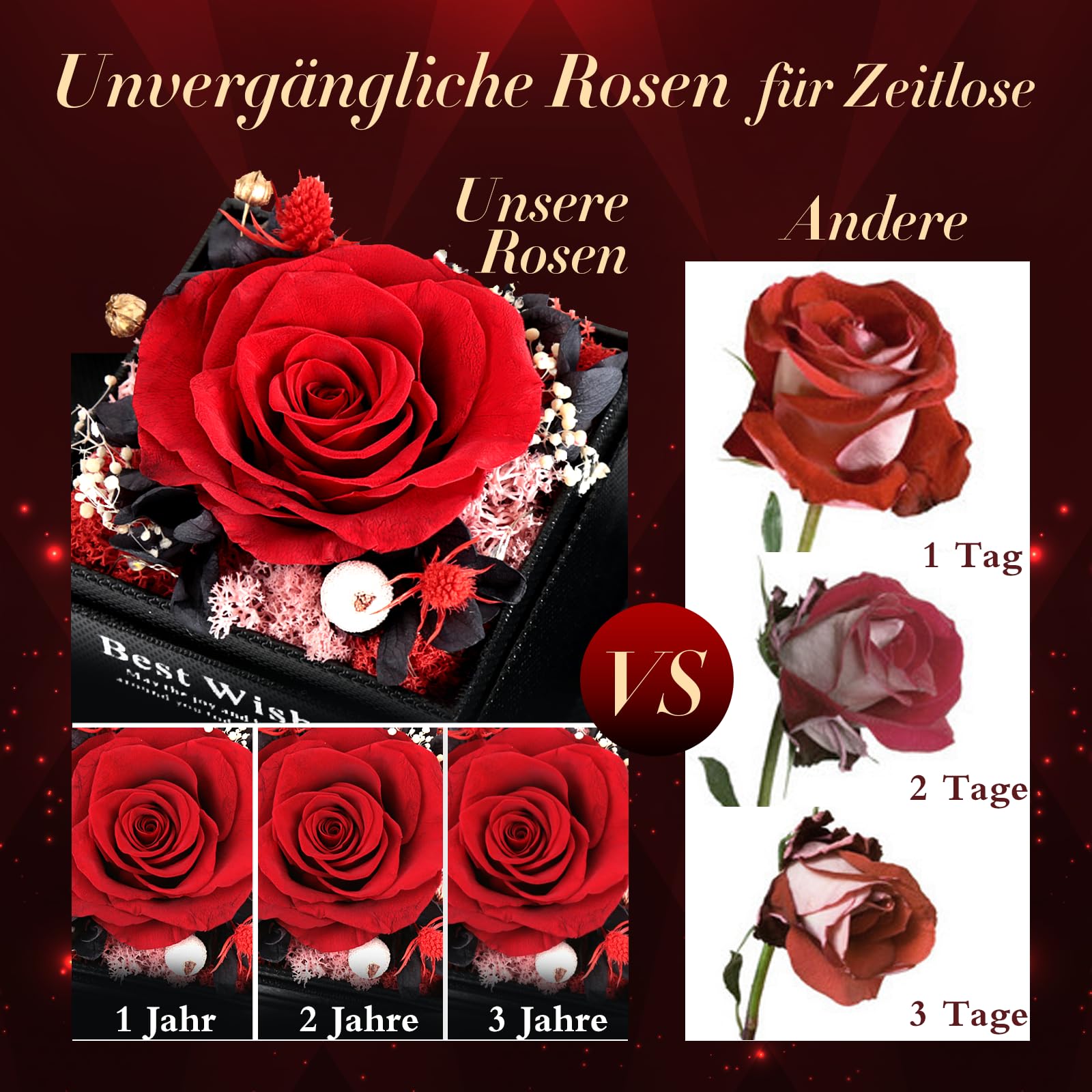 FAYODO Eeuwige roos met Ich liebe Dich halsketting voor dames, geconserveerde bloemen, rozenbox, cadeau voor vrouwen, moeder, vrouw, Valentijnsdag, Moederdag, verjaardag, jubileum (rood