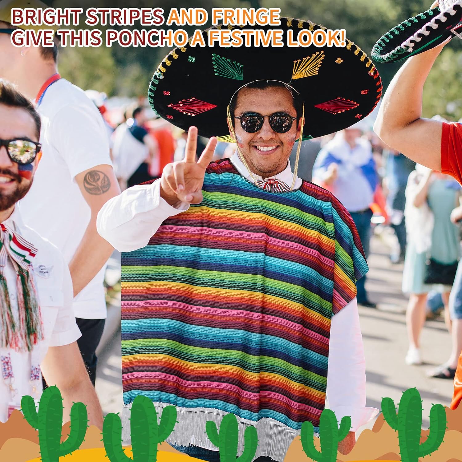 JaGely 4 Pcs Cinco De Mayo Mexican Serape Poncho Costume Set Fabric and Straw Sombrero Headbands
