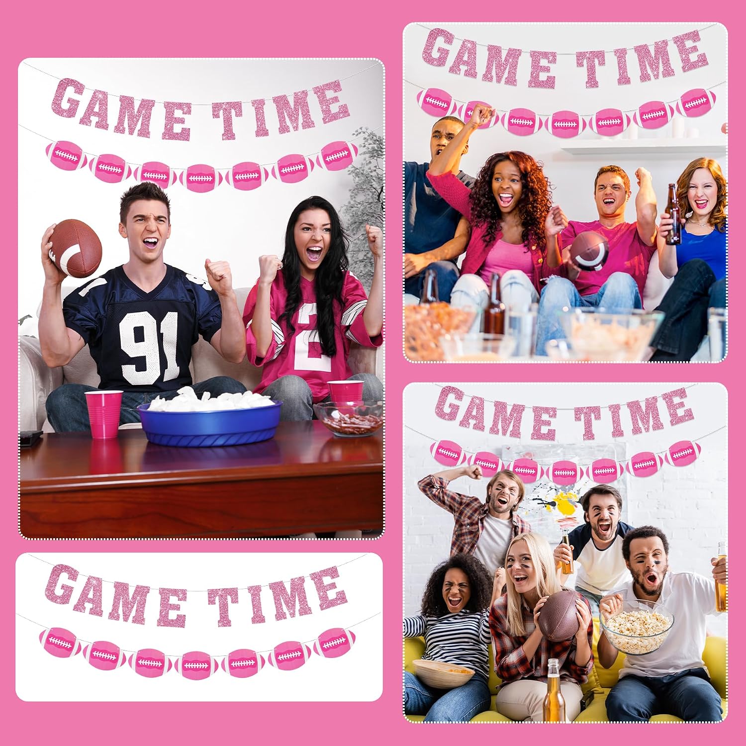 Pink Football Party Banner Birthday Hanging Garland Flag