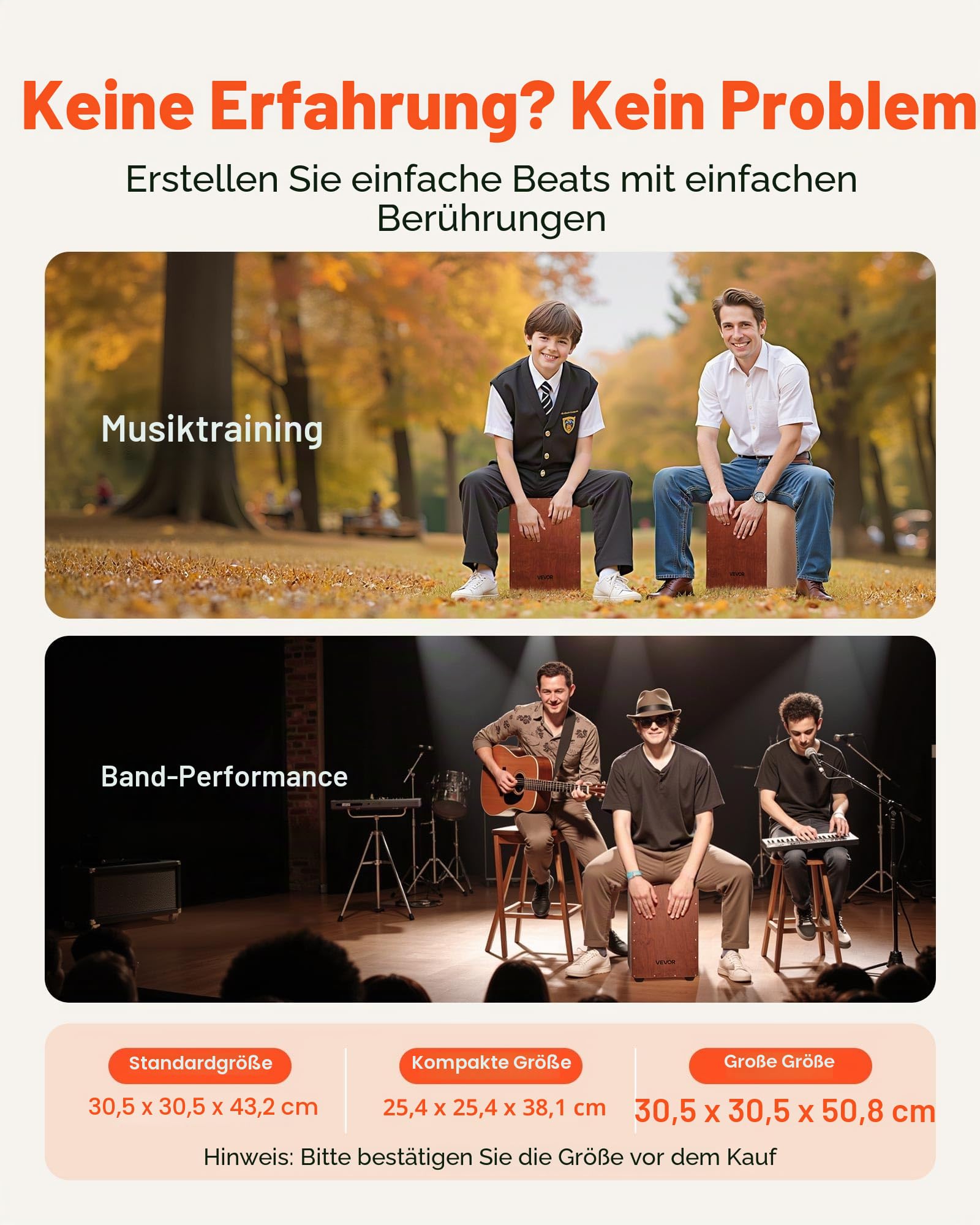 VEVOR Cajon, Kistentrommel, mit internen Snare-Drähten, kompakte & leichte Drum-Box aus Holz, Trommel-Musikinstrument mit Silikonfüßen, abgerundeten Kanten, für Anfänger & Profis, 255x255x380 mm