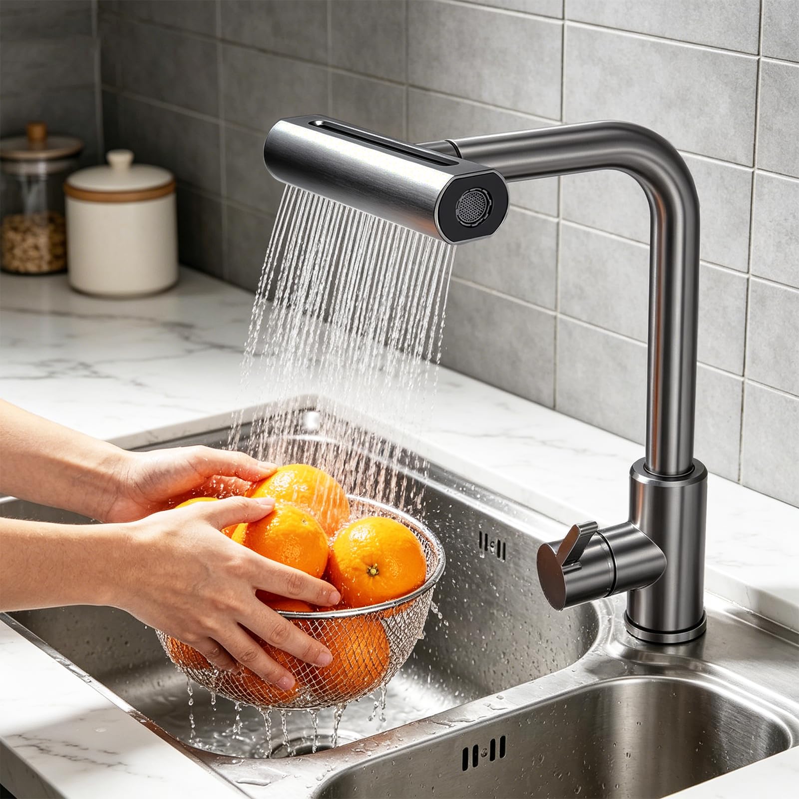 Grifo de cocina extraíble, grifo de cocina con ducha extraíble de 4 modos, caño giratorio 360°, cabezal de ducha extraíble, mezclador de alta presión de acero inoxidable 304 para agua fría y caliente
