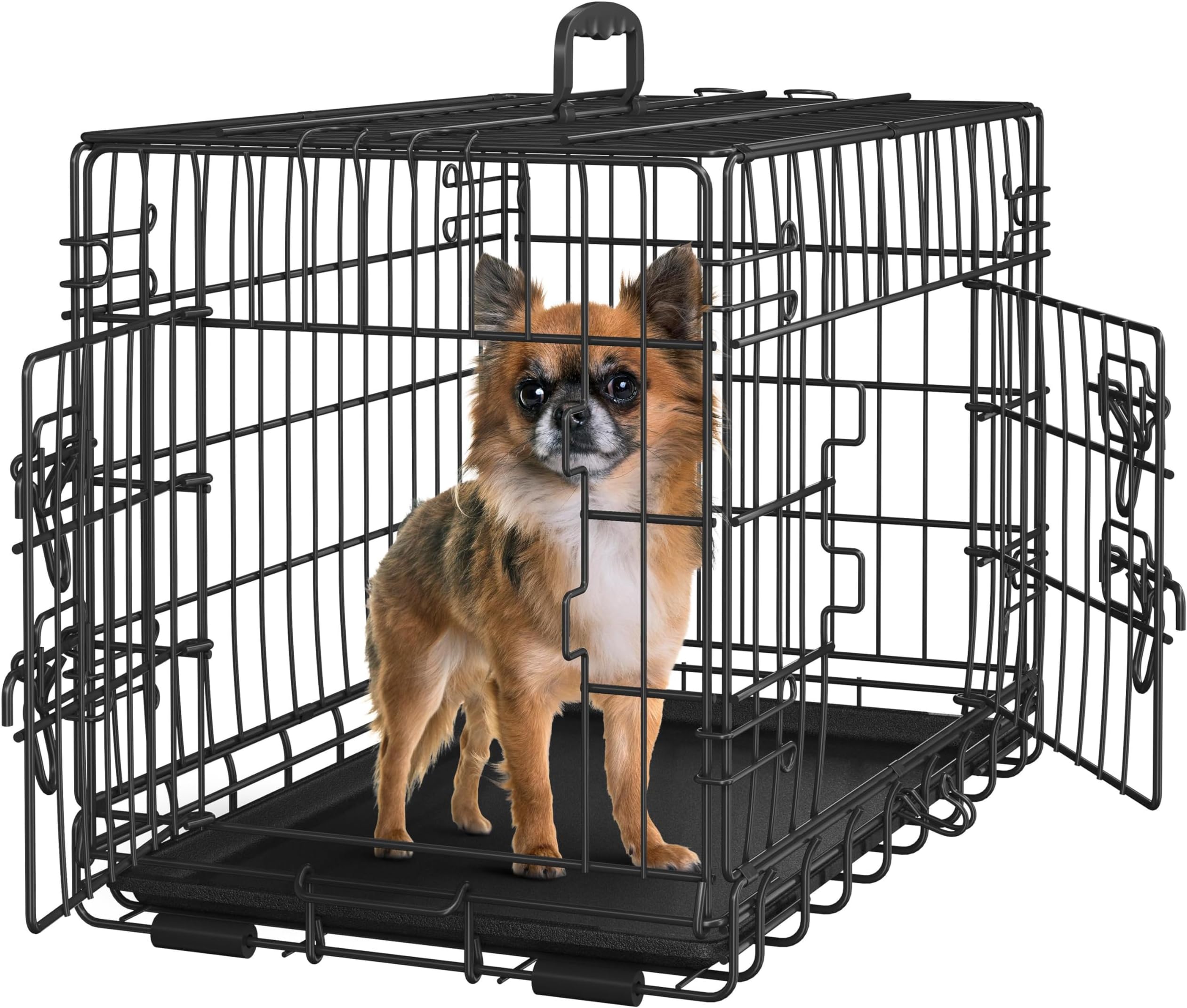24inch Double Door Dog Crate w/Divider, Collapsible Metal Kennel | Heavy-duty Sturdy Metal Frame, Easy Assemble, Fold Up for Travel, Removable Tray, Ideal for Puppies, Small Dogs