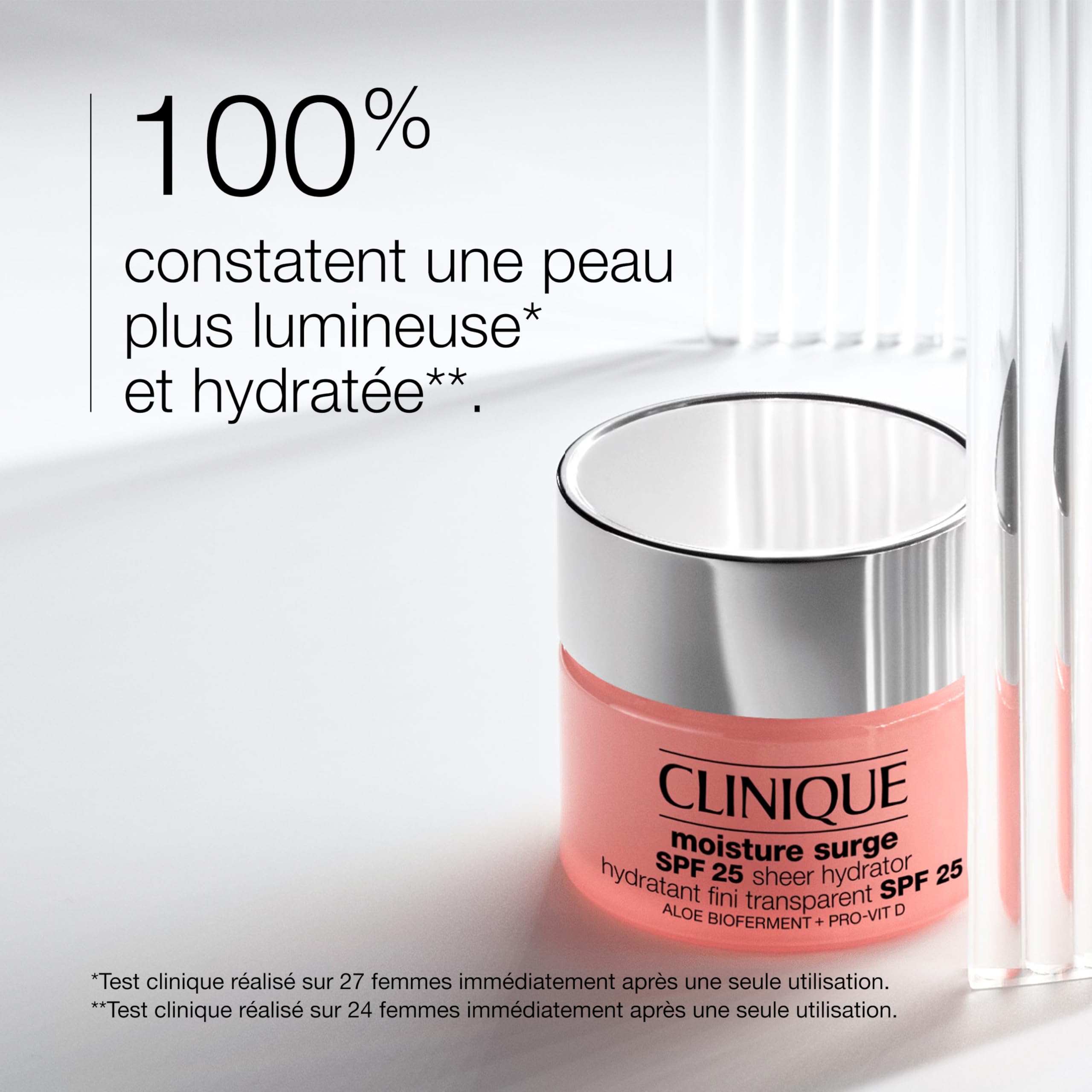 Clinique Moisture Surge Hydratant Fini Transparent SPF 25. Acide Hyaluronique + Bio-Ferment d'Aloe Vera + Provitamine D. Hydratant + Éclat. Convient aux peaux sensibles.