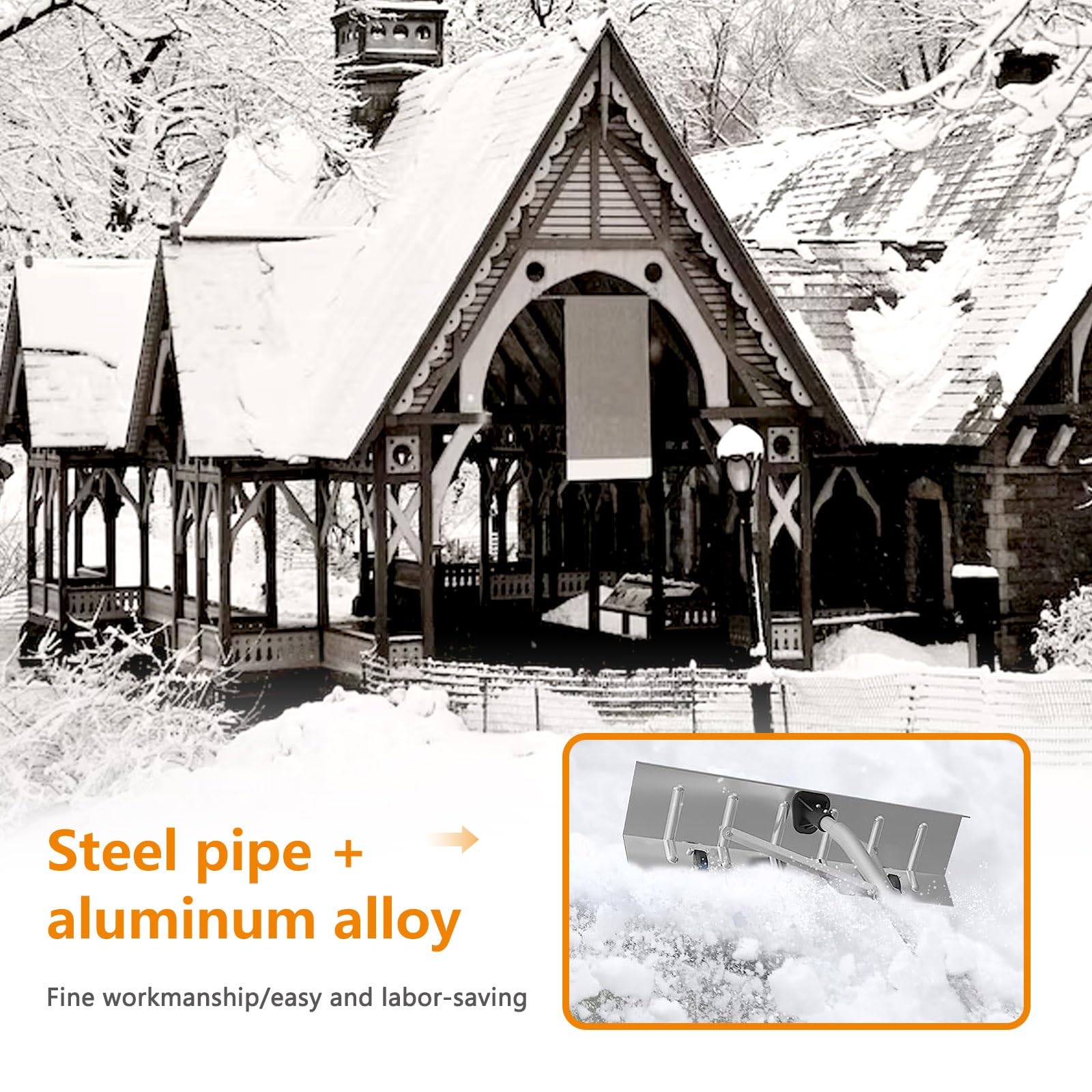 Râteau à neige pour toit, outil de déneigement extensible en aluminium avec roues, installation facile, connexion à bouton-poussoir à plusieurs étapes, parfait pour déneiger les toits