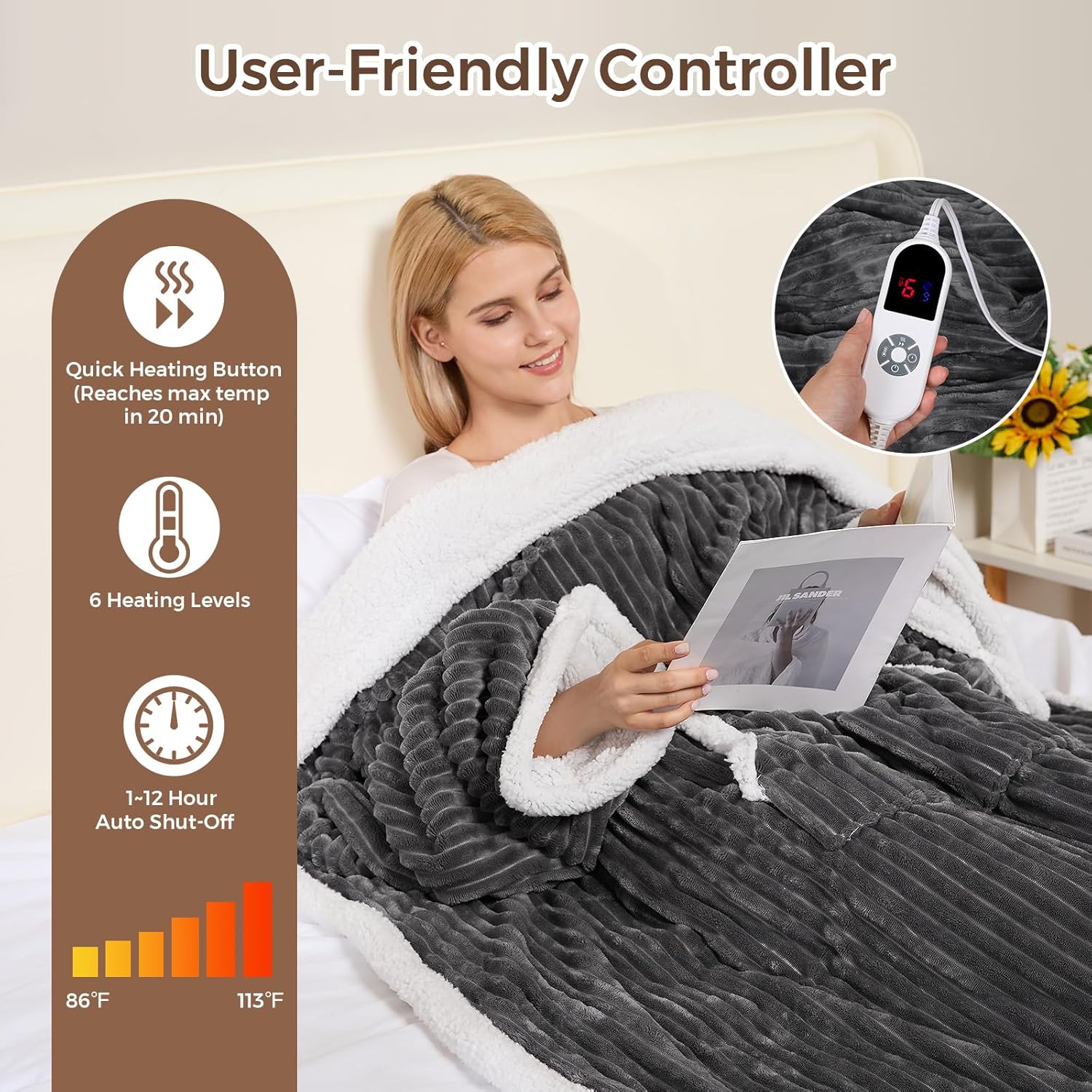 Electric Blanket Heated Throw, Soft Flannel & Sherpa Wearable Heated Blanket with Sleeves, Heating Wearable Blanket with 6 Heating & 12H Auto Off, ETL Certified, Home Office Use, 52x72 Inch, Dark Grey - Image 3