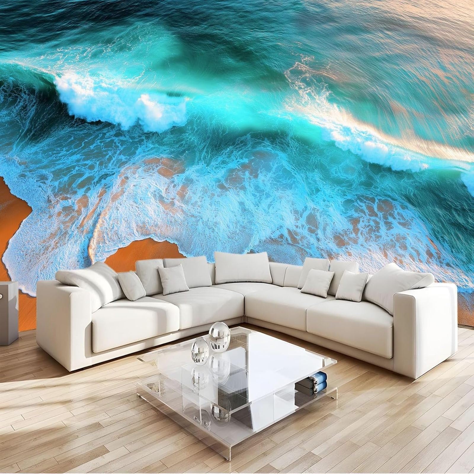 pdghsdkgjh Tropical Ocean Photo Wallpaper Beach Waves for TV Background & Bedroom - Blue Wall Painting, 250cm x 175cm Stickers - Frameless Painting - Poster