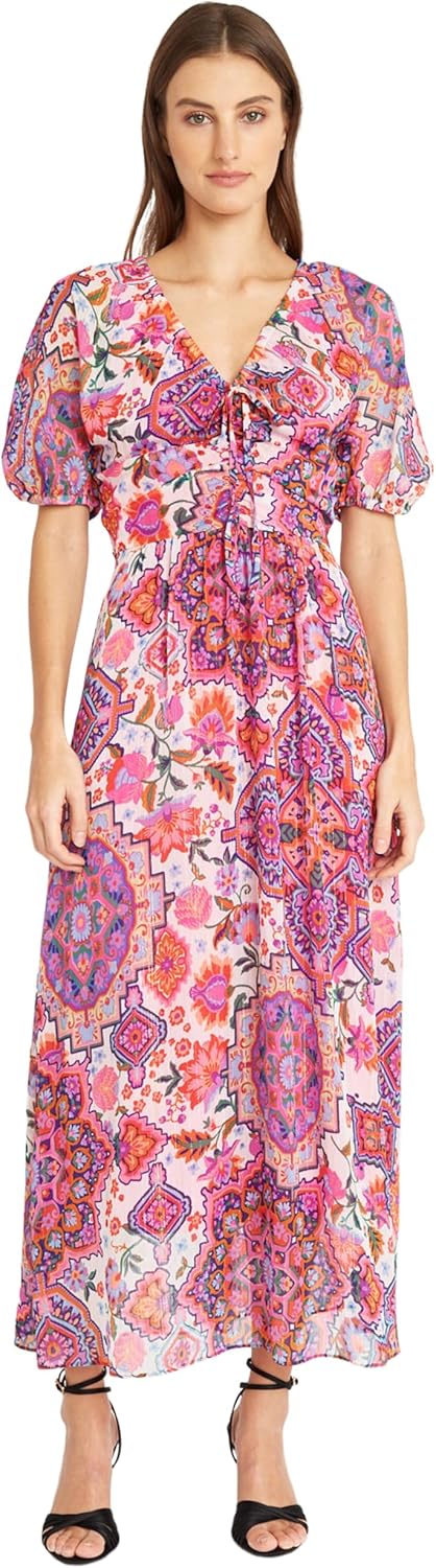 size 6 Donna Morgan V-Neck Spaghetti Tie Detail Short Puff Raglan Sleeve Summer Dresses for Women 6 Soft White/Pink