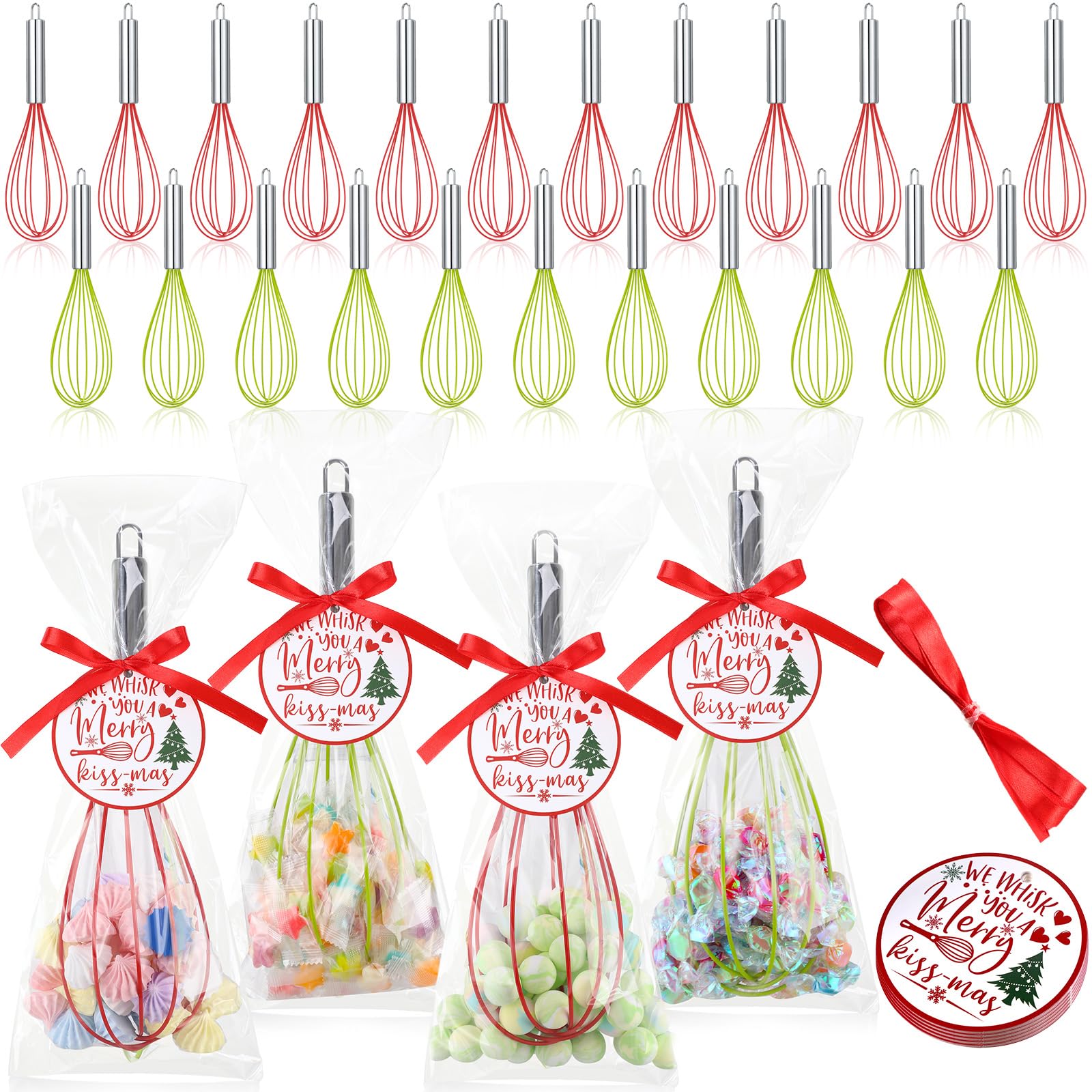 FoldTier 36 Sets 10 Inch Christmas Whisks Gifts DIY Fillable Christmas Tree Ornaments Xmas Colored Silicone Whisks for Cooking Heat Resistant Egg Beaters with Card Rope Bag for Candy Holder