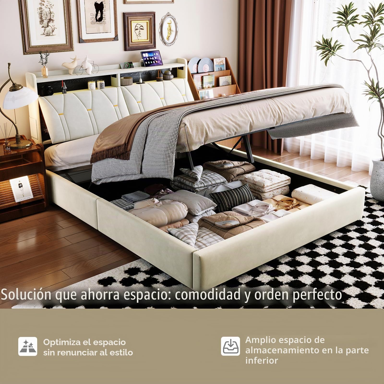 Cama Canapé 160x200 cm Queen Size con Pistones de Gas, Cabecero Reclinable, Terciopelo con LED y Type-C, 500kg (Sin Colchón)