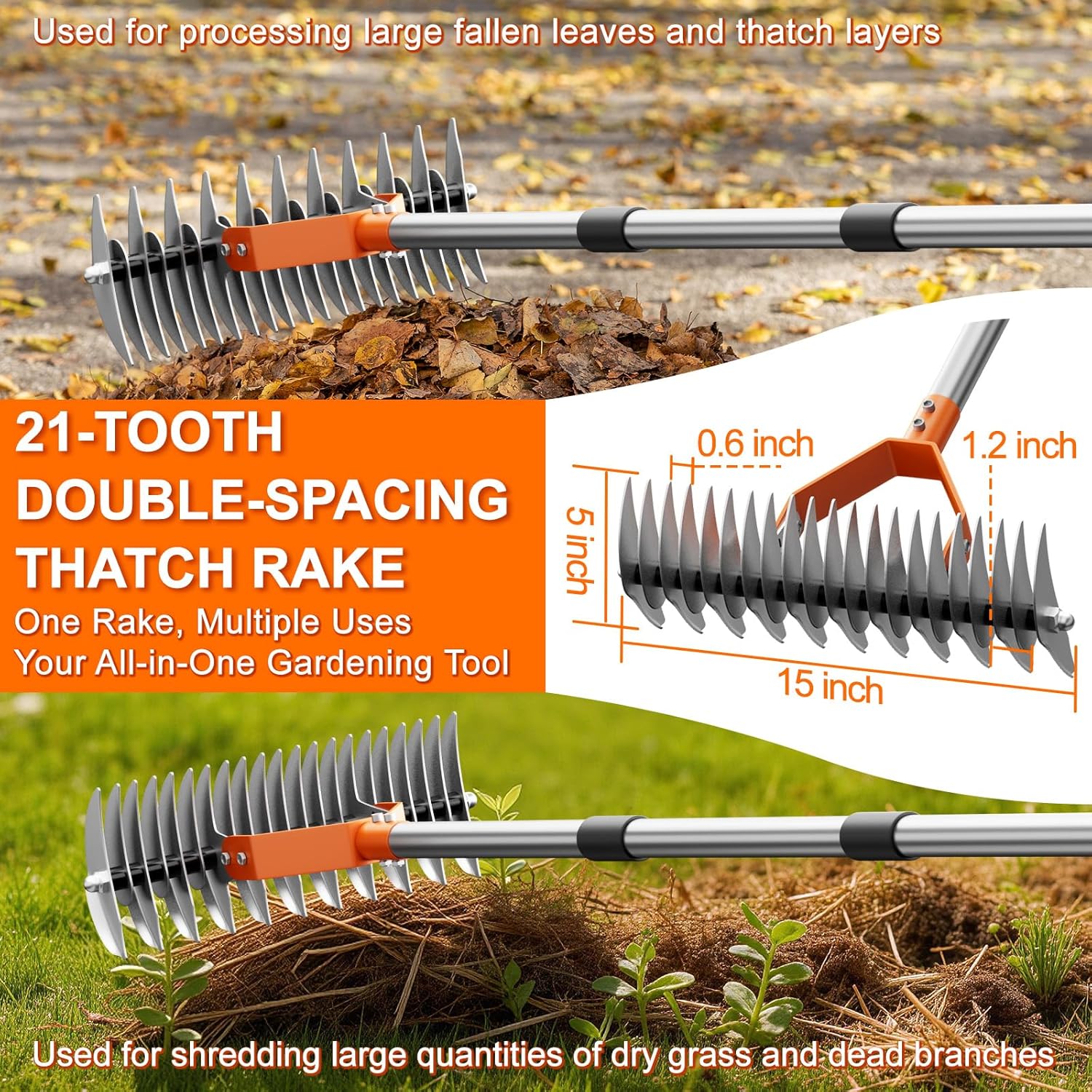 Thatch Rake for Lawn with 68" Adjustable Handle, 15" Heavy Duty Dethatcher Rake for Lawn, Thatching Rake with Dual-Action Tines, Dethatching Rake for Efficiently Removes Dead Grass, Loosens Soil
