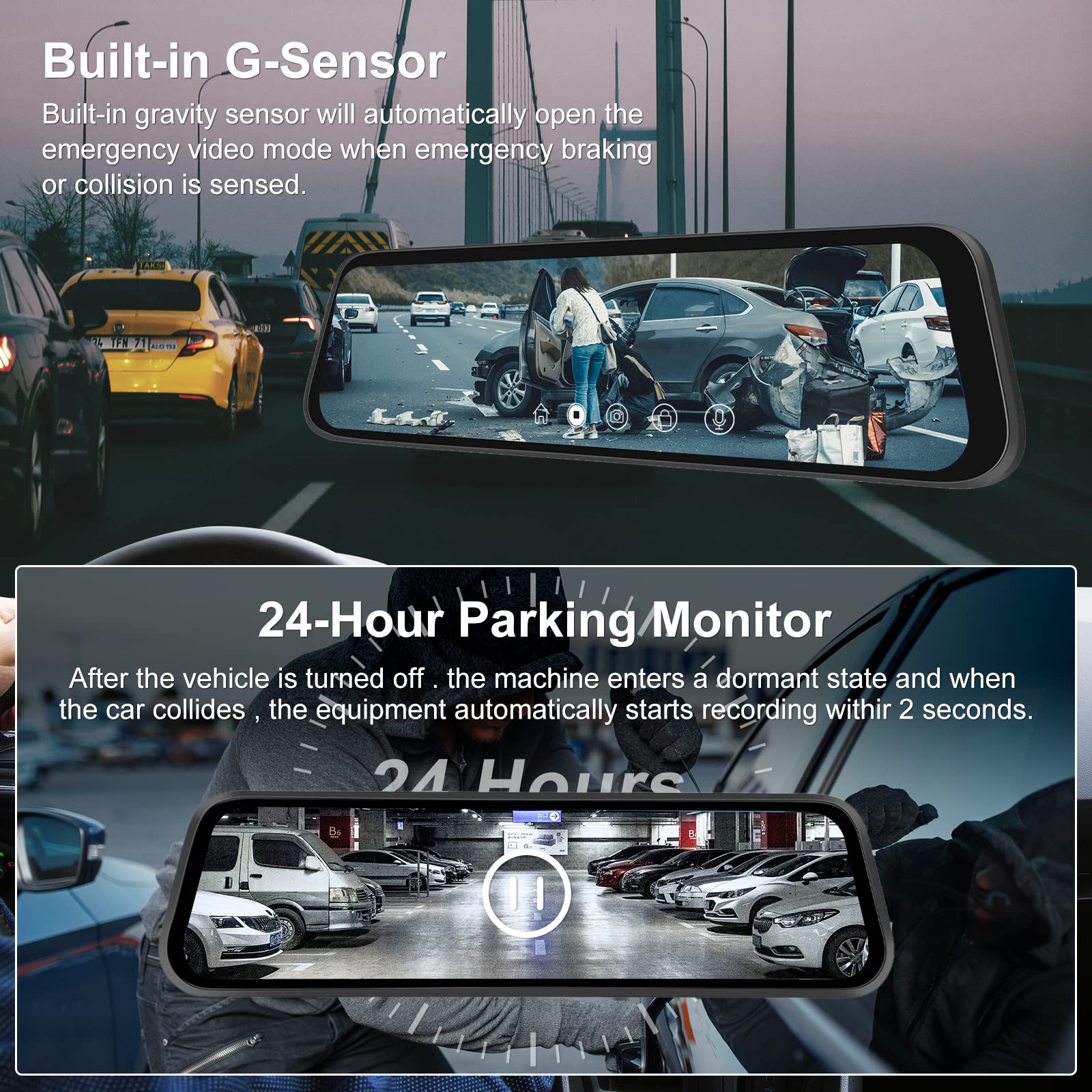 Espejo Retrovisor Coche Dash CAM Cámara, 9.66 Pulgadas Pantalla Táctil IPS LCD Espejo Retrovisor Dashcam HDR Vista Delantera y Trasera Cámaras 1080P, Visión Nocturna, Aparcamiento, Grabación en Bucle