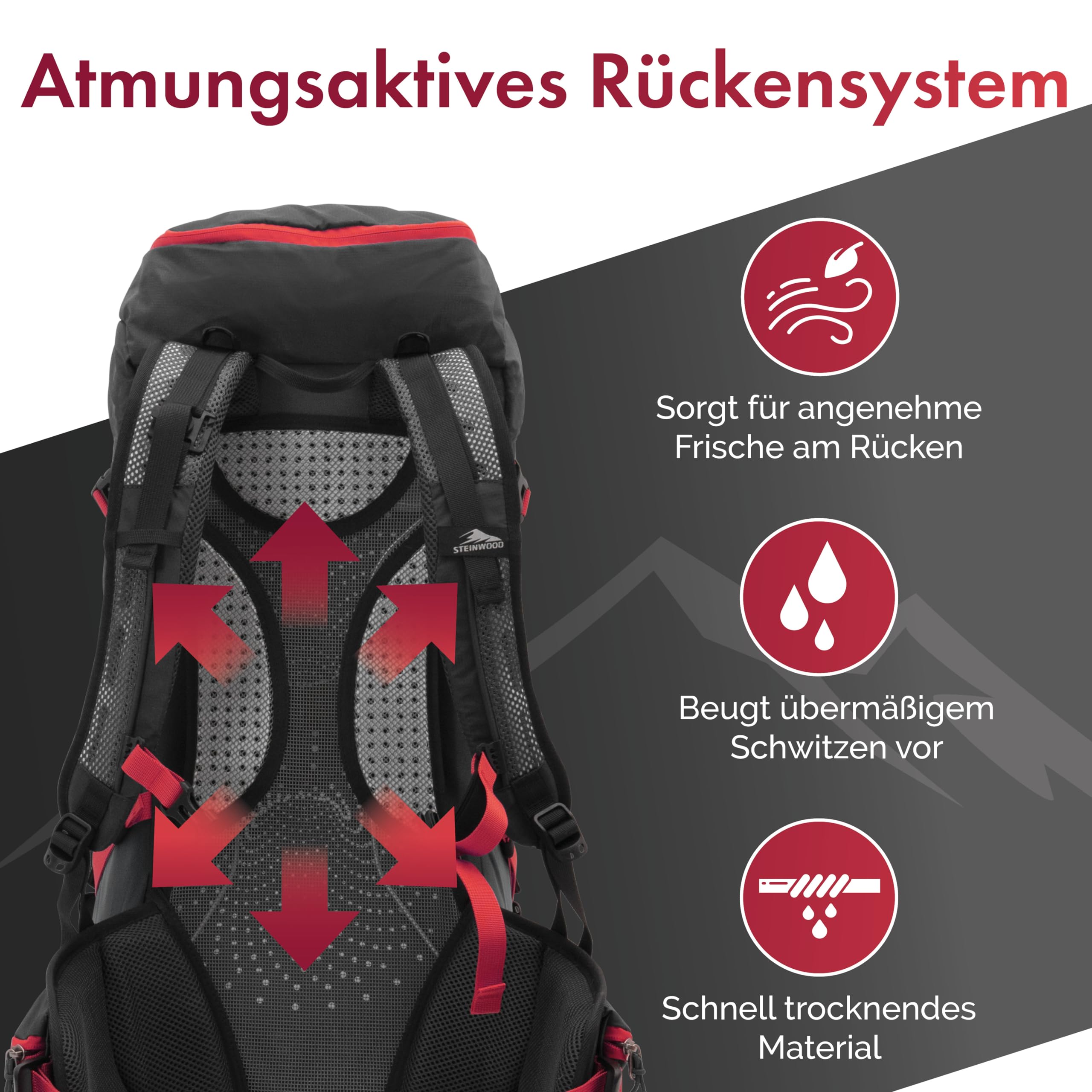 Steinwood Wanderrucksack Herren & Damen 35L - Outdoor-Rucksack, Reiserucksack, Tagesrucksack wasserabweisend mit Regenschutz und Rückenbelüftung, schwarz