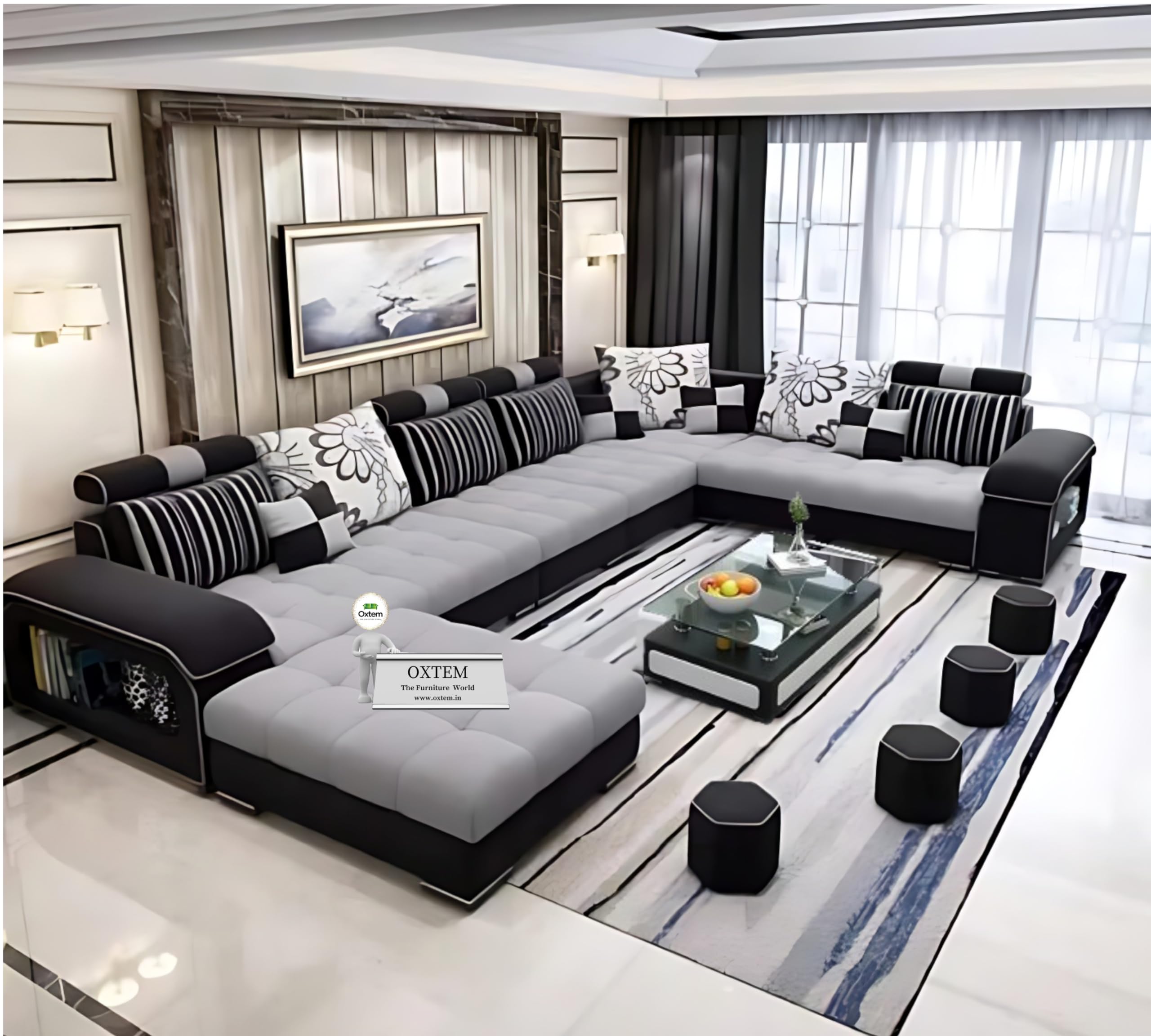 OXTEM ; The Furniture World U-Shape Sectional Sofa Set for Living Room | 10-Seater Large Fabric Sofa with Tea Table & 4 Puffy | Spacious Seating Capacity 14 Persons | Premium Comfort | Pre-Assembled