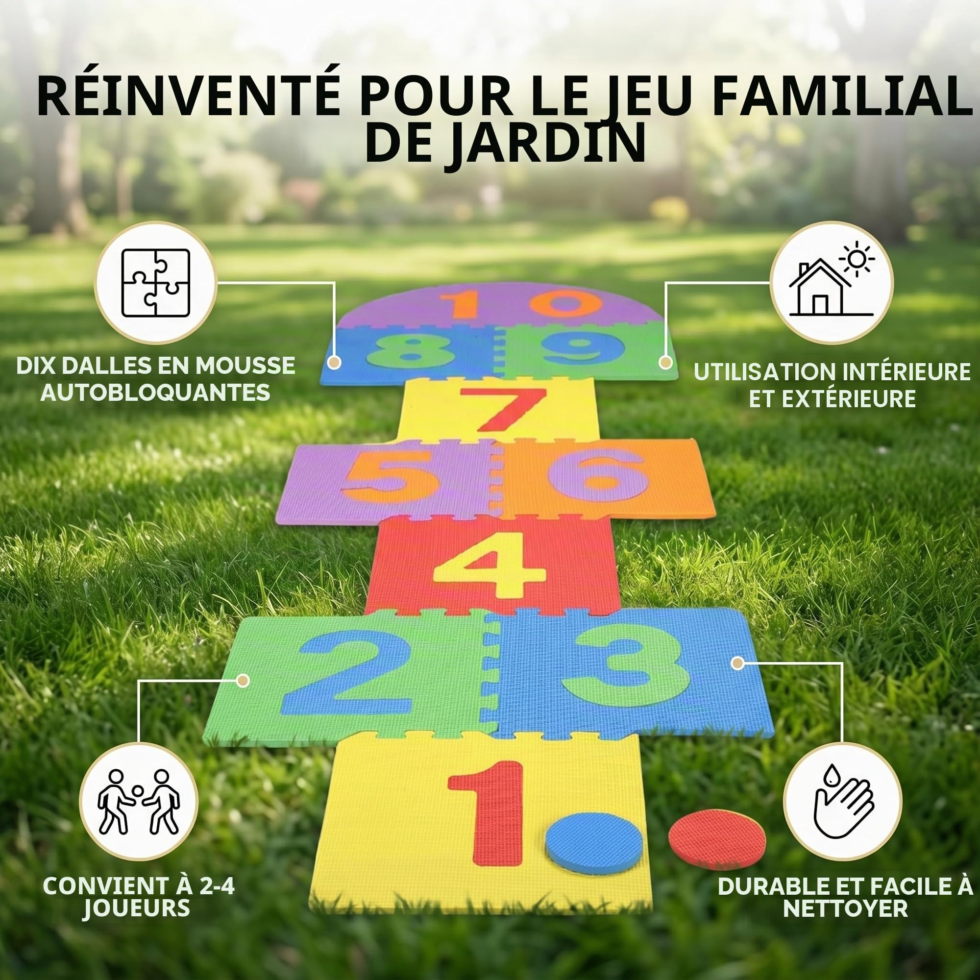 Tapis de marelle géant en Mousse EVA emboîtable, Loisir Convivial intérieur extérieur pour Jardin et Animation de fête, Tapis ludique Souple Multi-Usage avec palets colorés pour réunions de Groupe