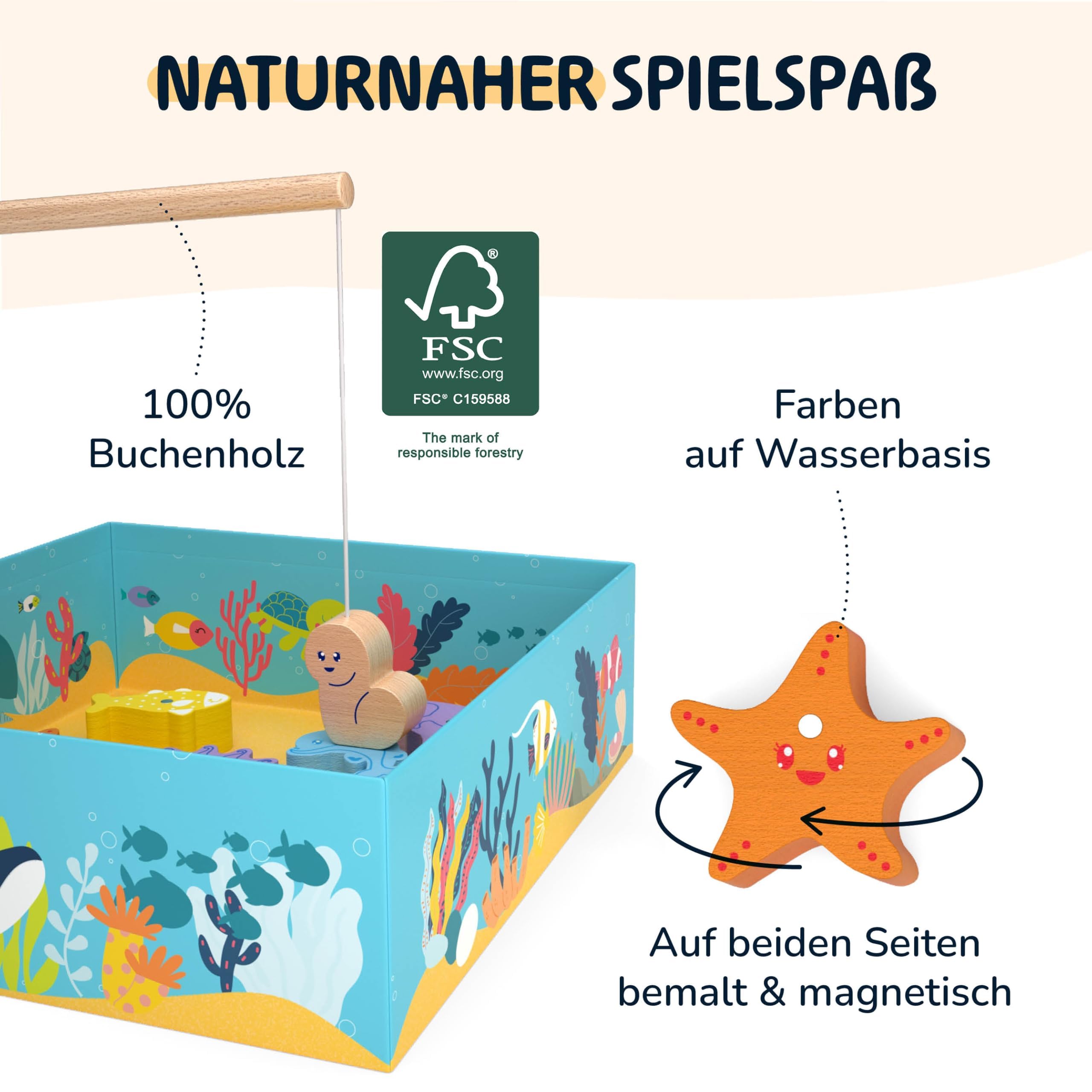 Merle Toys® Magnetisches Angelspiel ab 2 Jahre, 100% FSC, Angelspiel aus Holz mit 2 Angelruten, Montessori Spielzeug ab 2 Jahre, Fische Angeln Spiel, Geschenk für Mädchen und Jungen