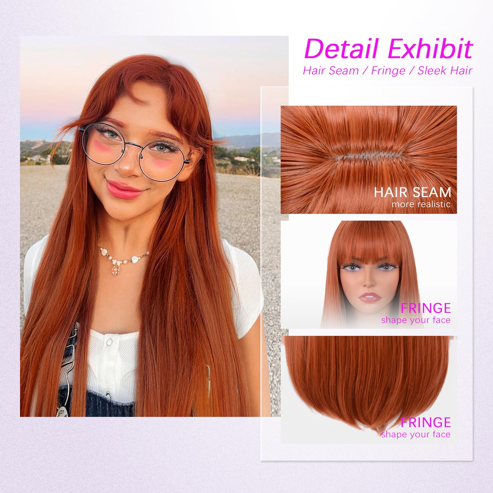 T-color Ginger Wig with Bangs for Women – Long Straight Heat Resistant Synthetic Wig for Daily Use, Party, Halloween, Cosplay – 24 Inch Ginger Wigs for Girls: Straight Ginger
