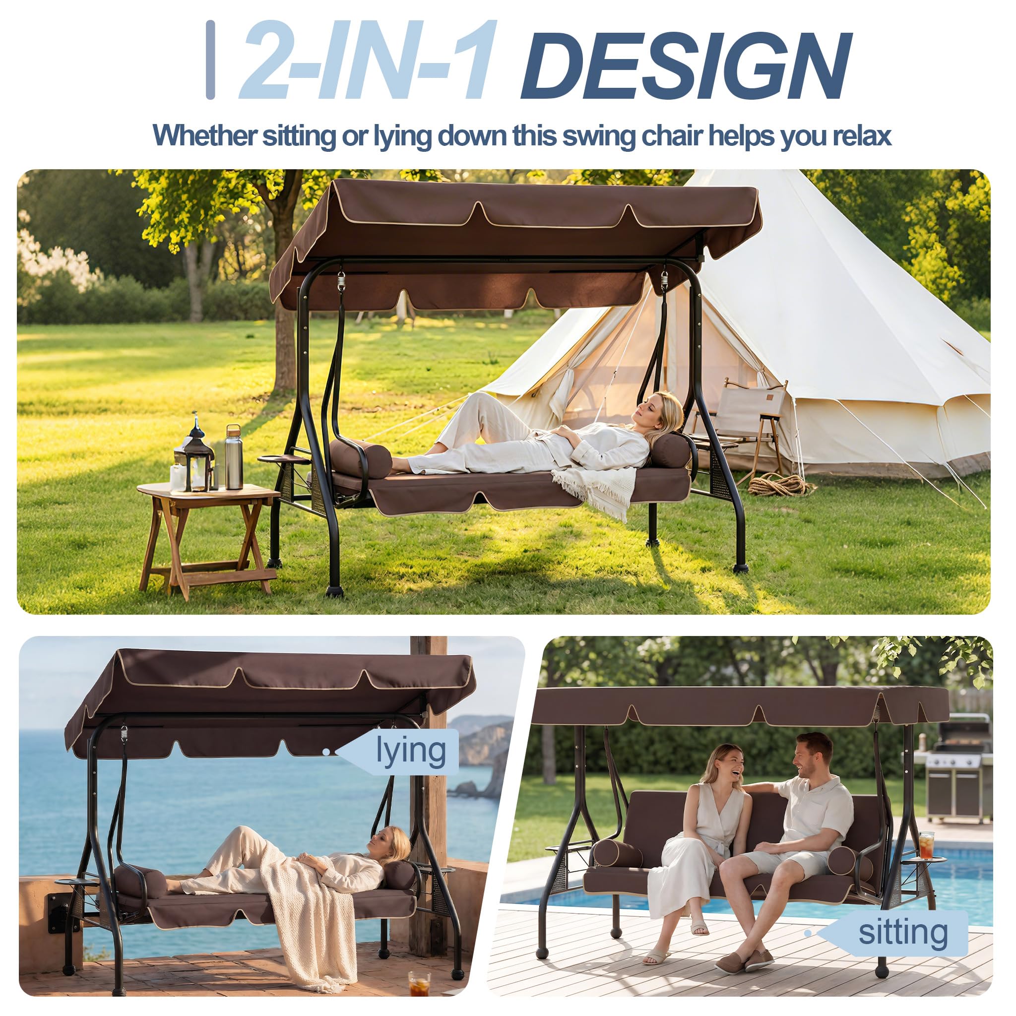 UISEBRT 3-Sitzer Hollywoodschaukel mit Liegefunktion,Gartenschaukel mit Verstellbare Sonnendach,2 Kissen, 2 Tabletts,Outdoor Schaukelbank bis 350kg belastbar für Garten, Pool, Terrasse,Braun